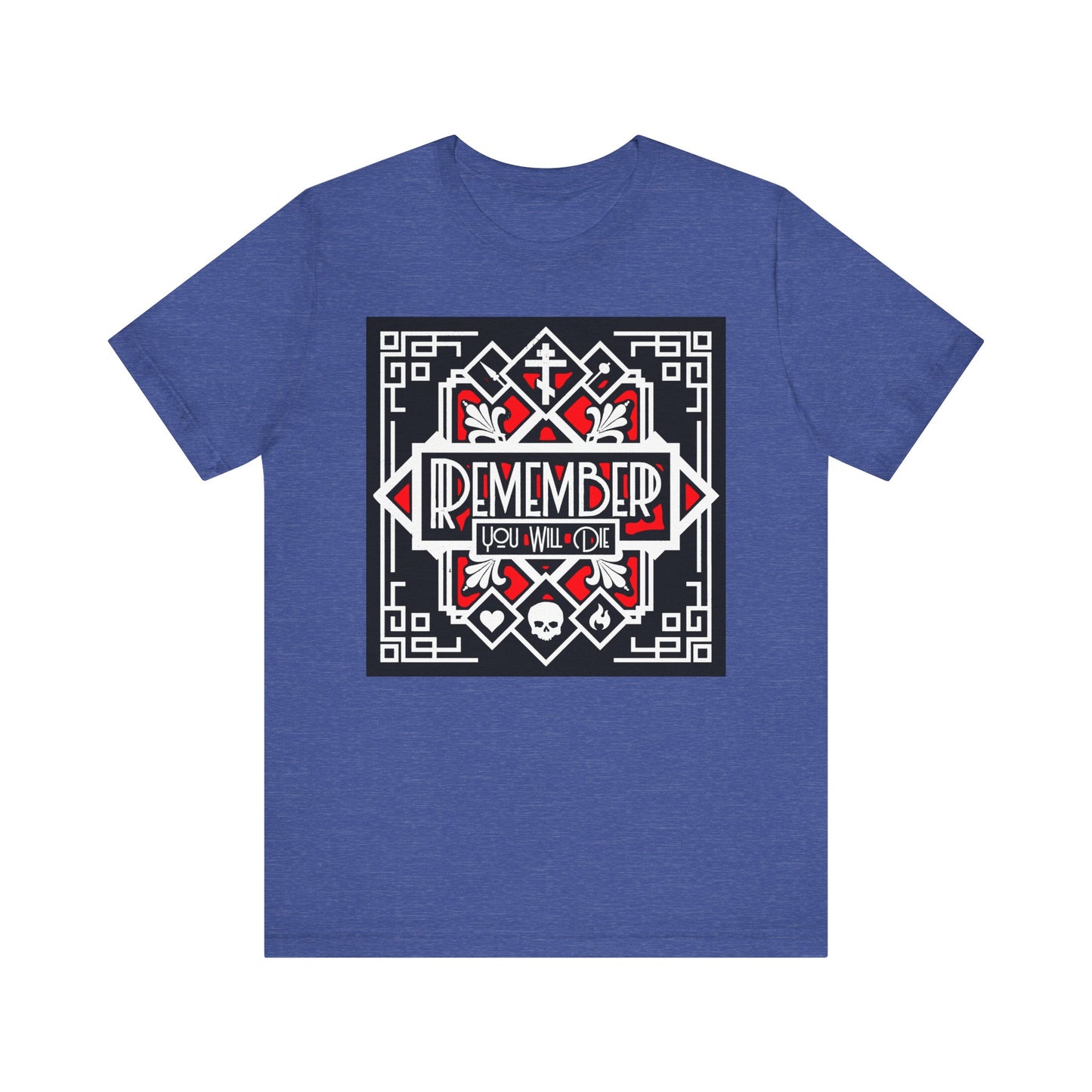 Heather True Royal t-shirt featuring a striking red and white Art Deco design with heart, skull, and fire motifs, inspired by the Orthodox Christian tradition of Memento Mori and saints like St Ignatius Brianchaninov—reminding you: Remember You Will Die.