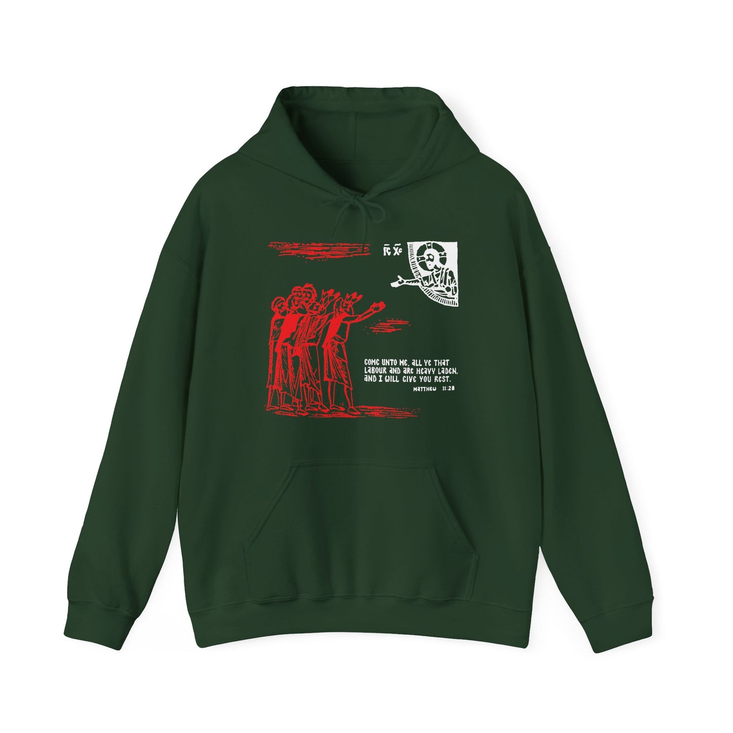 Forest green hoodie featuring an abstract icono-graphic design and the text “Come Unto Me All Ye That Labour & Are Heavy Laden (Matt. 11:28),” inspired by St. Cyril of Alexandria, printed on the front.