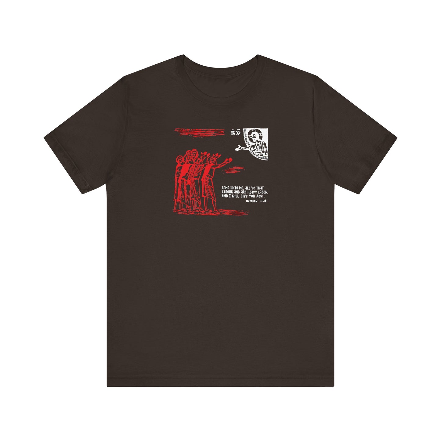 Brown t-shirt featuring an icono-graphic drawing and front text: "Come Unto Me All Ye That Labour & Are Heavy Laden (Matt. 11:28)". Orthodox design, lightweight cotton unisex tee inspired by St Cyril of Alexandria and the Holy Spirit.