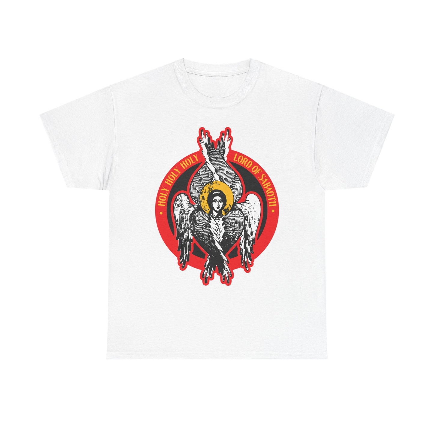White Holy Holy Holy, Lord of Sabaoth heavy cotton T-shirt featuring a seraphim angel icon, red circle, and "Holy, Holy, Holy, Lord of Hosts!" inspired by Isaiah 6.