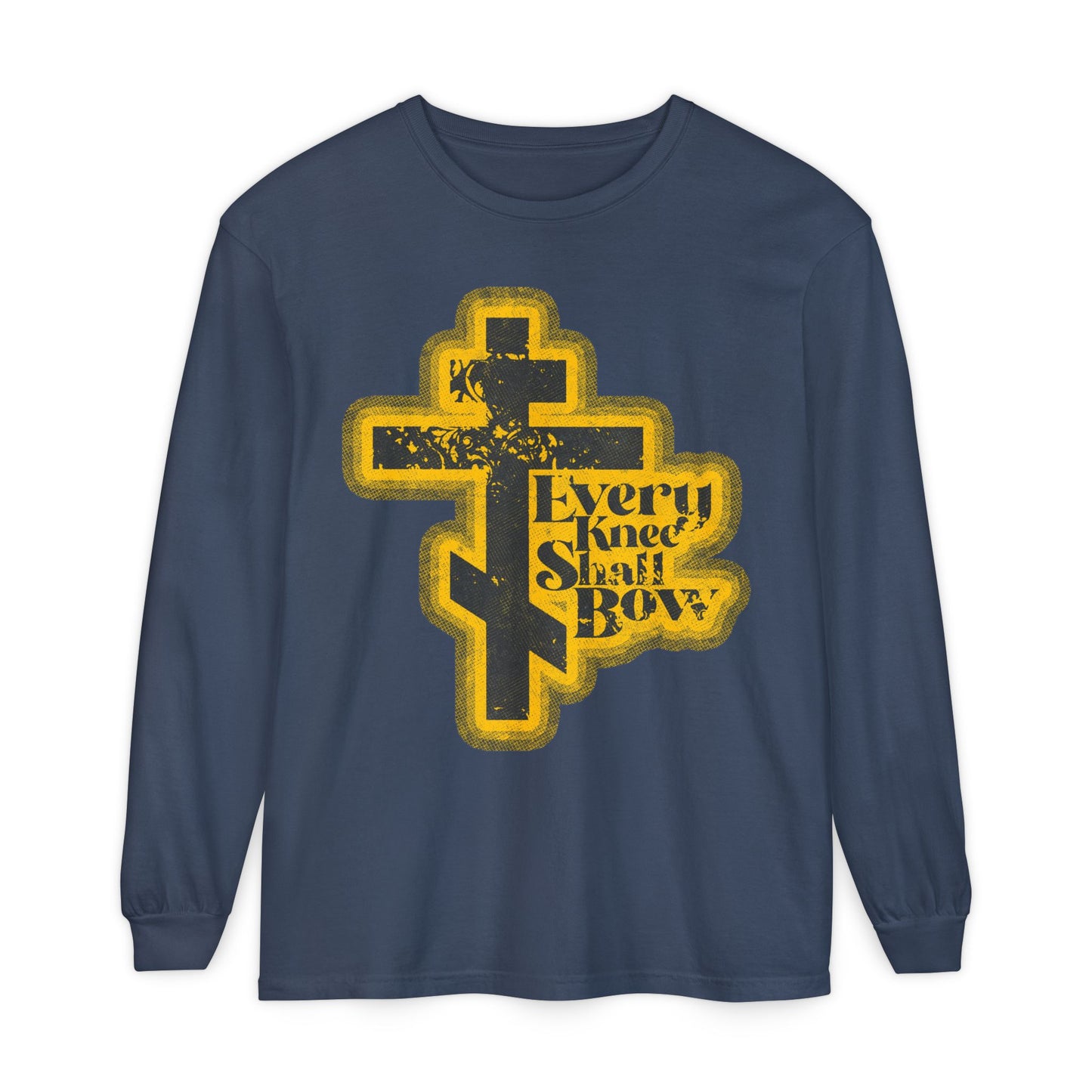 Midnight long-sleeve “Every Knee Shall Bow” shirt, featuring a 70s distressed comic book style with Orthodox cross and text inspired by Philippians 2:10-11 & Isaiah 45:23—declaring Jesus Christ is Lord.