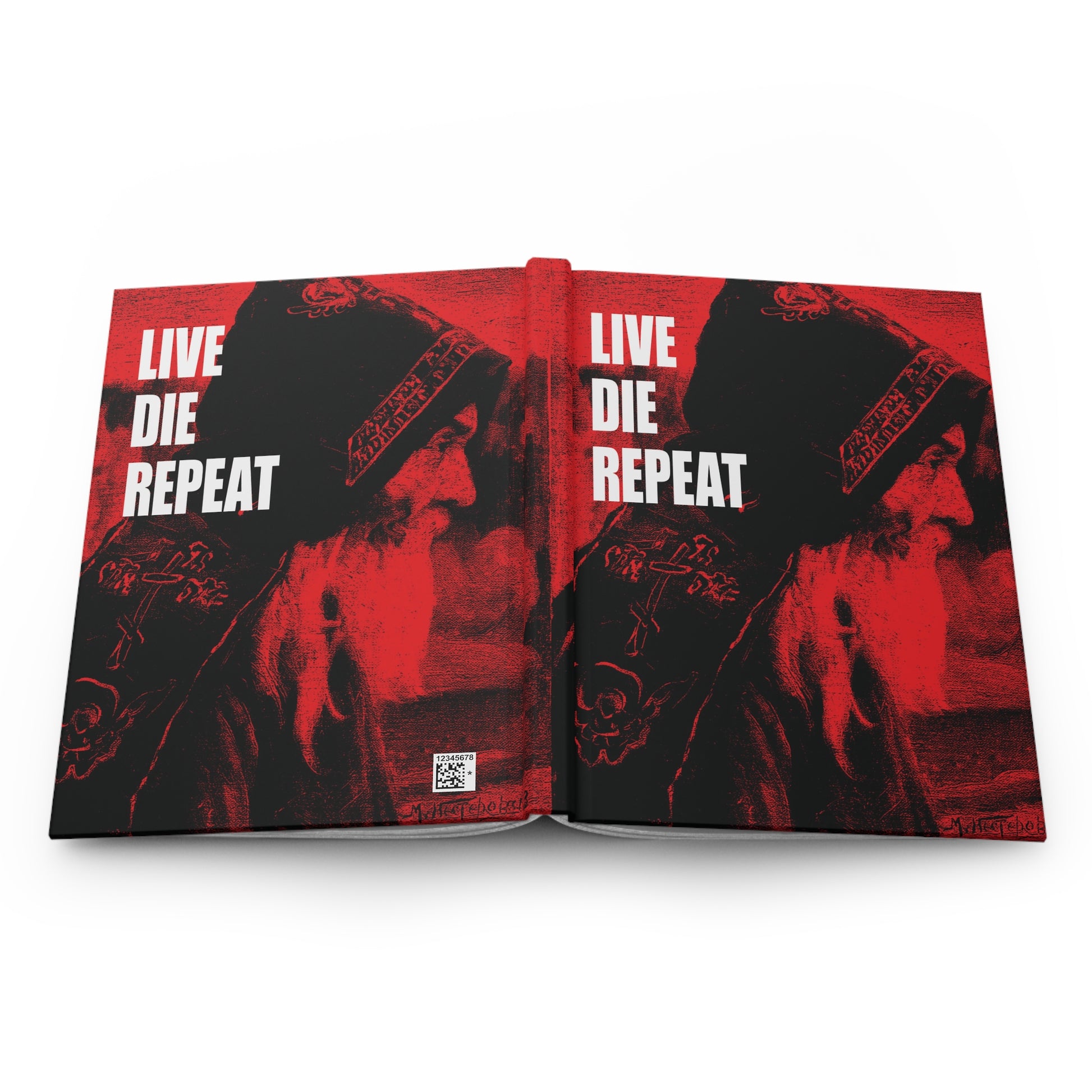 Hardcover journal titled "Live Die Repeat ("Monk" by Mikhail Nesterov)" with a red-tinted cover image of a bearded man, featuring bold text: LIVE DIE REPEAT. Focuses on ascetic Christianity and Orthodox teachings.