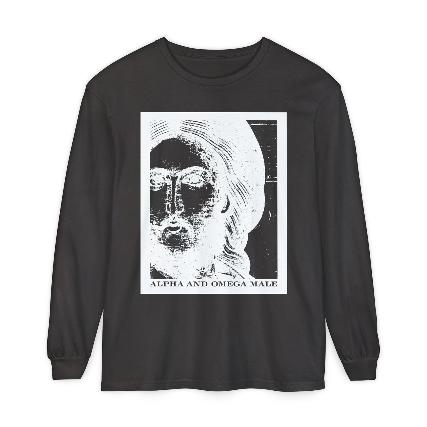 Graphite long-sleeve cotton shirt featuring a white, photonegative Jesus Christ icono-graphic and “Alpha & Omega Male – I am the Beginning & the End (Rev 22)” text, inspired by new heaven and Jerusalem themes.