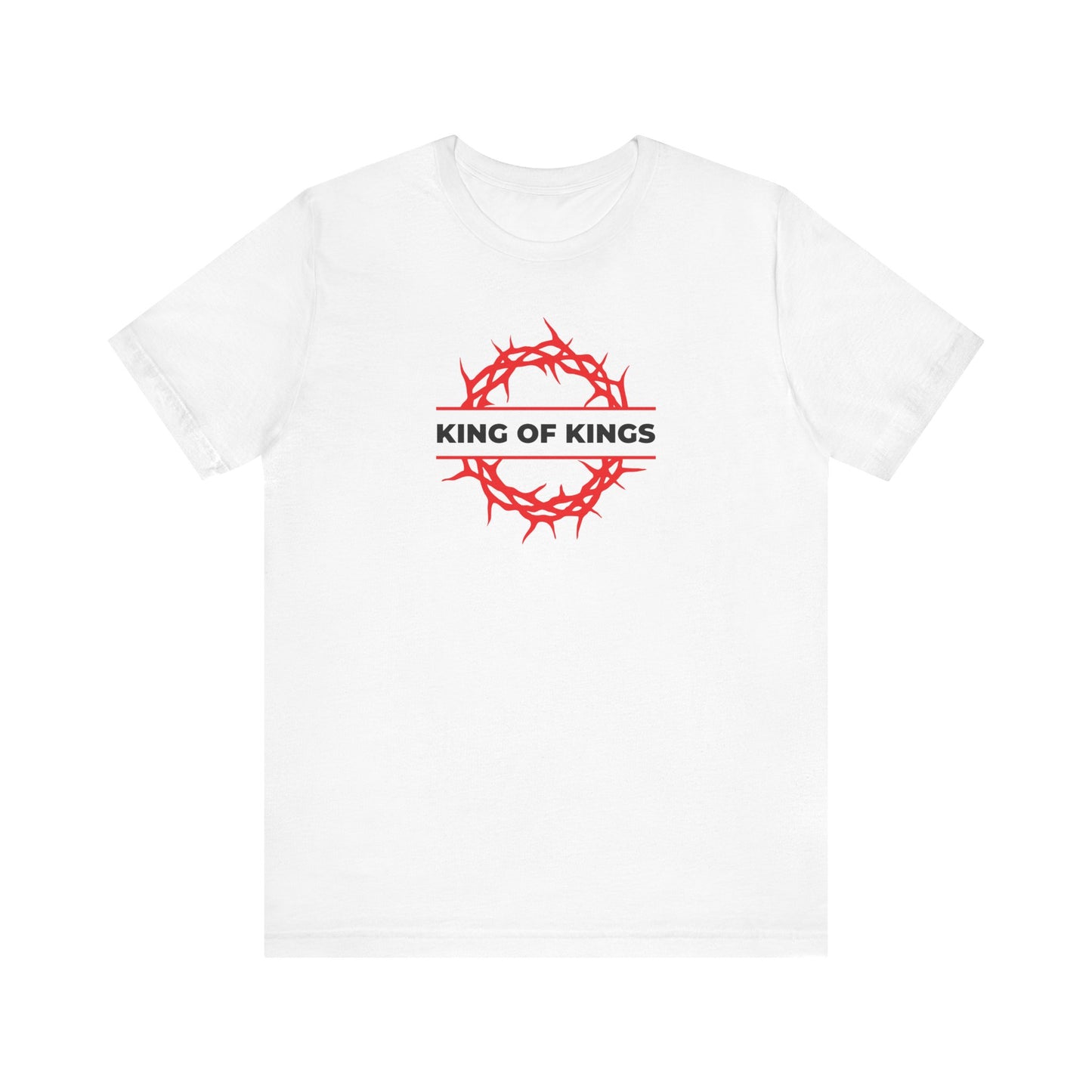 White "King of Kings Crown of Thorns" Orthodox lightweight cotton unisex t-shirt featuring a red crown of thorns and "KING OF KINGS" printed in black across the chest, inspired by Revelation 19:16—as seen in The King of Glory, Christ is King collection.