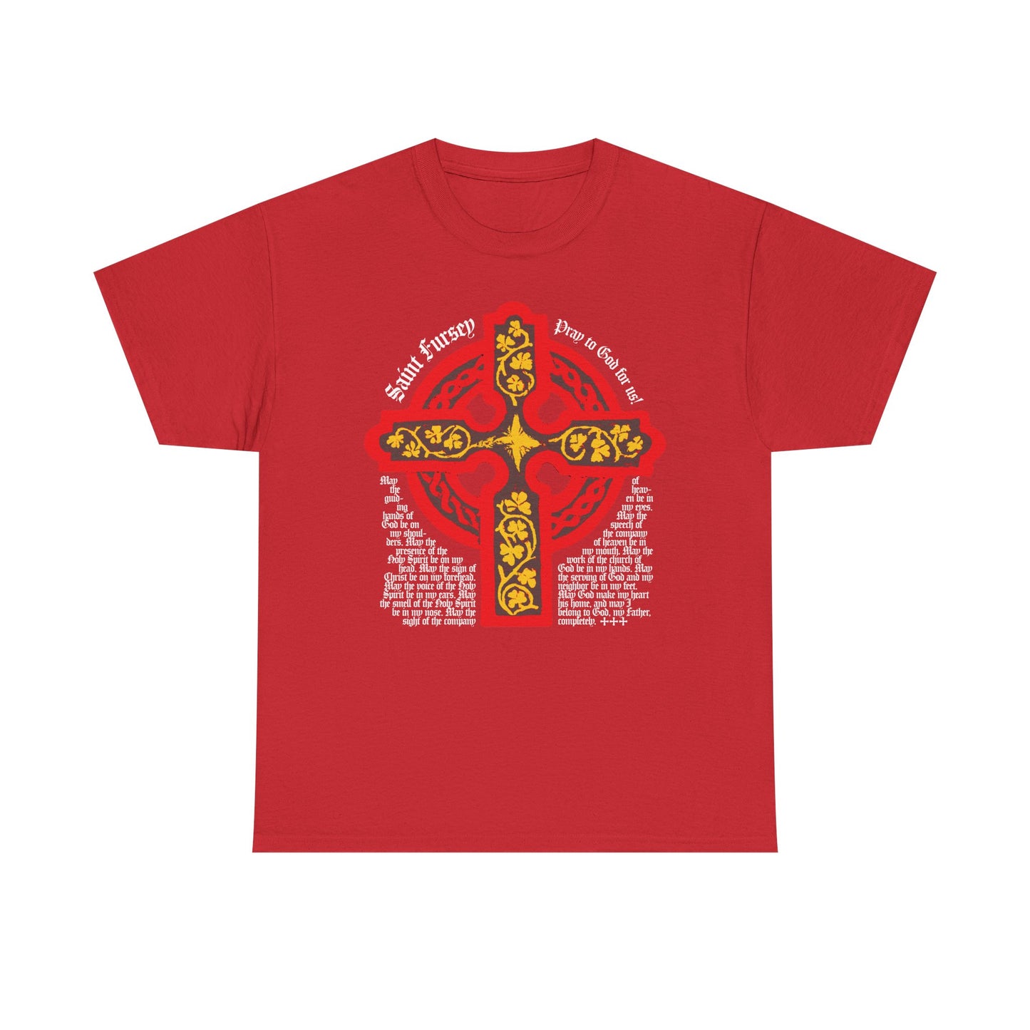 Red Lorica Shield Prayer of St Fursey tee featuring a red and yellow Celtic cross. This Irish Orthodox Western Rite unisex cotton shirt honors the Ancient Celtic Church's prayer tradition.