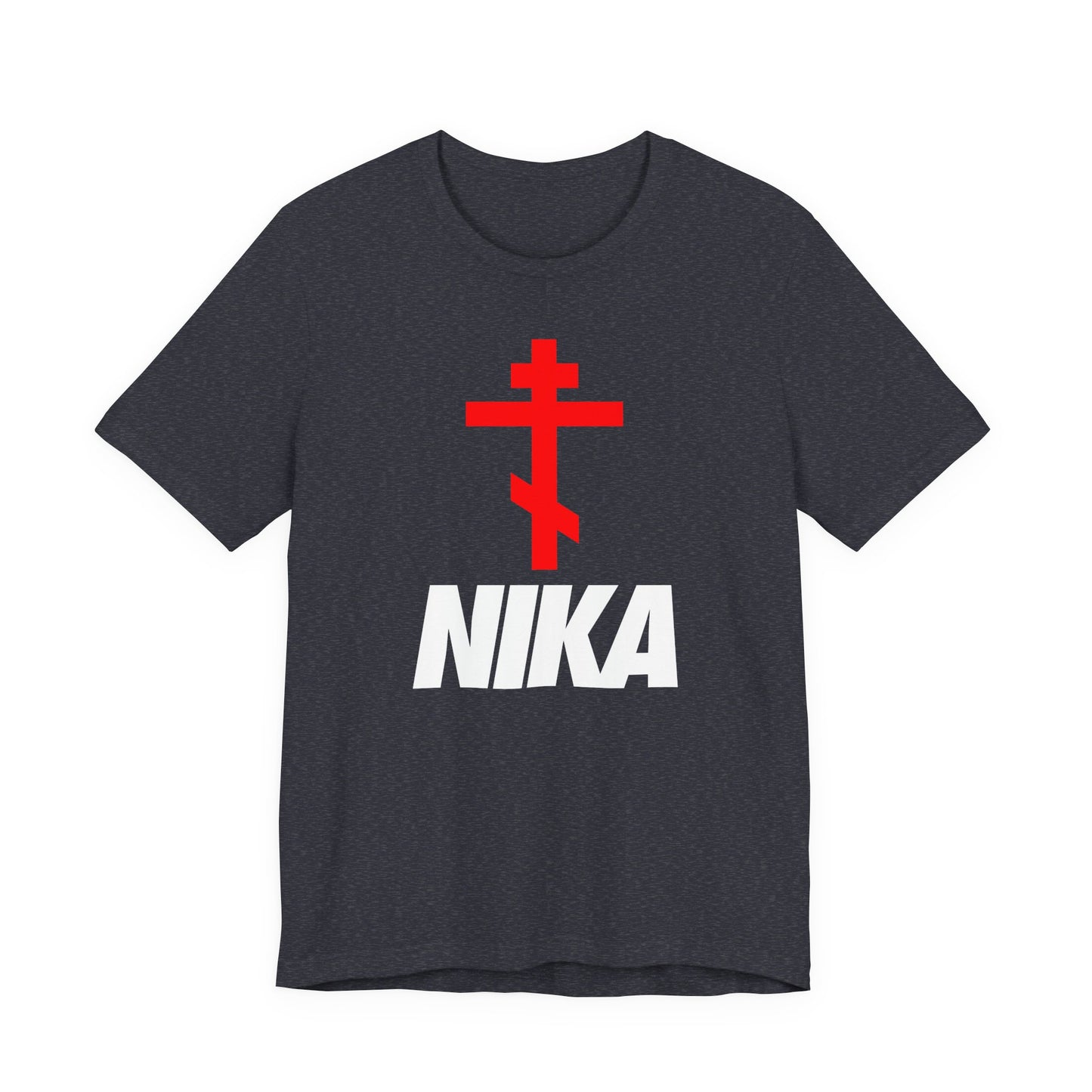 Heather navy t-shirt with an Orthodox cross above bold white NIKA text, inspired by the NIKE logo. Minimalist, athletic ascetic design—Jesus Christ Conquers. Christian apparel.