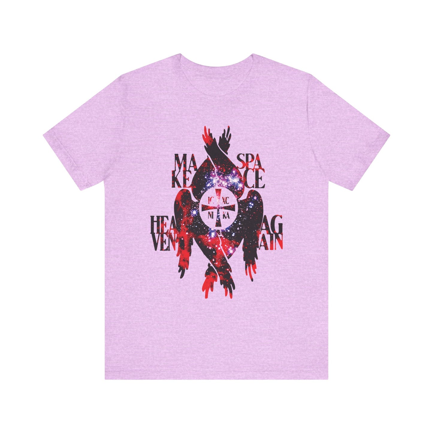 Make Space Heaven Again unisex lightweight cotton t-shirt in Heather Prism Lilac, featuring a cosmic textured ICXC NIKA cross with seraphim wings, bold scattered text, and abstract design elements inspired by the creation of the heavens and Orthodox Christian angelic visions.