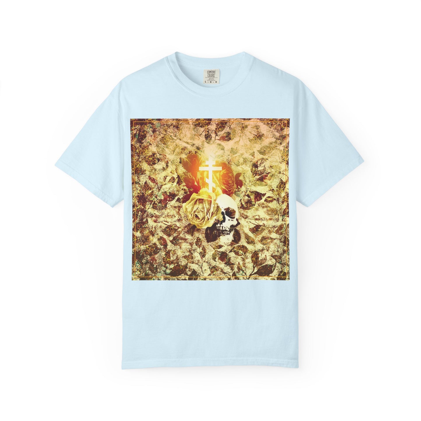 Chambray tee showcasing a glowing Orthodox cross with a gold rose and skull over a textured floral background—an evocative nod to the valley of dry bones from the Ezekiel prophecy; crafted in heavyweight cotton for a gothic Christian aesthetic.