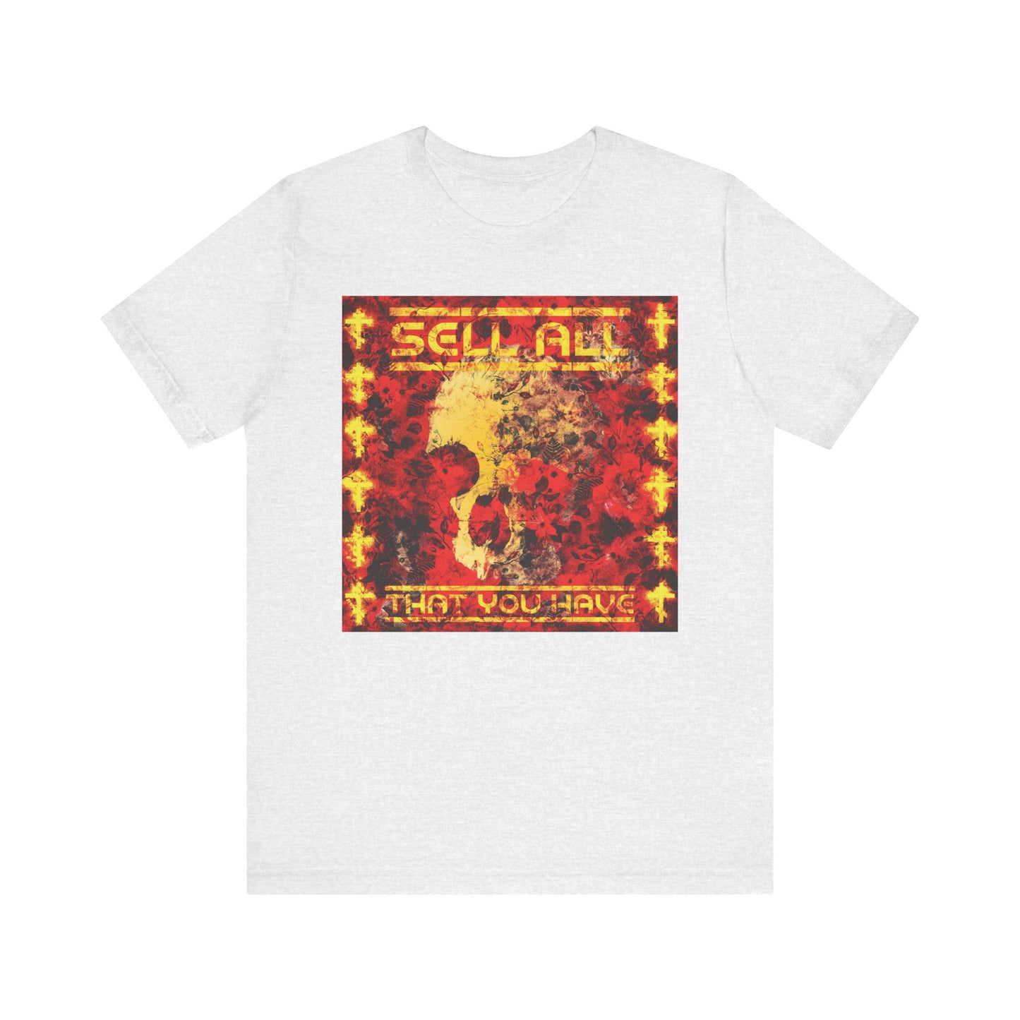 Ash t-shirt featuring a red and yellow graphic that reads SELL ALL THAT YOU HAVE with abstract patterns, inspired by Jesus Christ’s teachings on the commandments and eternal life. Product name: Sell All That You Have No. 1 | Orthodox Christian Lightweight Cotton Unisex Tee.