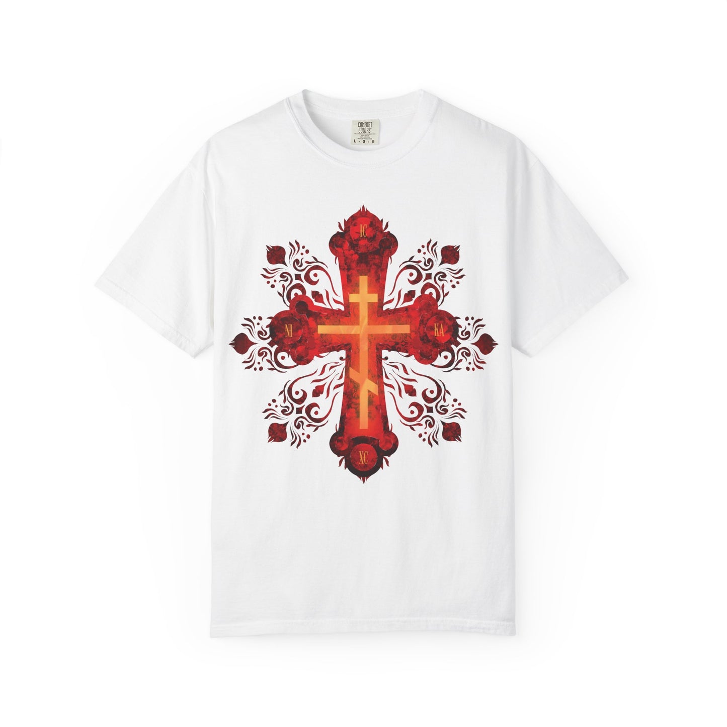 White heavyweight cotton unisex tee featuring a striking red and gold ornate Russian-style Orthodox cross at the center, accented with intricate floral patterns—a tribute to the Christian warrior’s journey, inspired by “He was pierced for our transgressions.”.