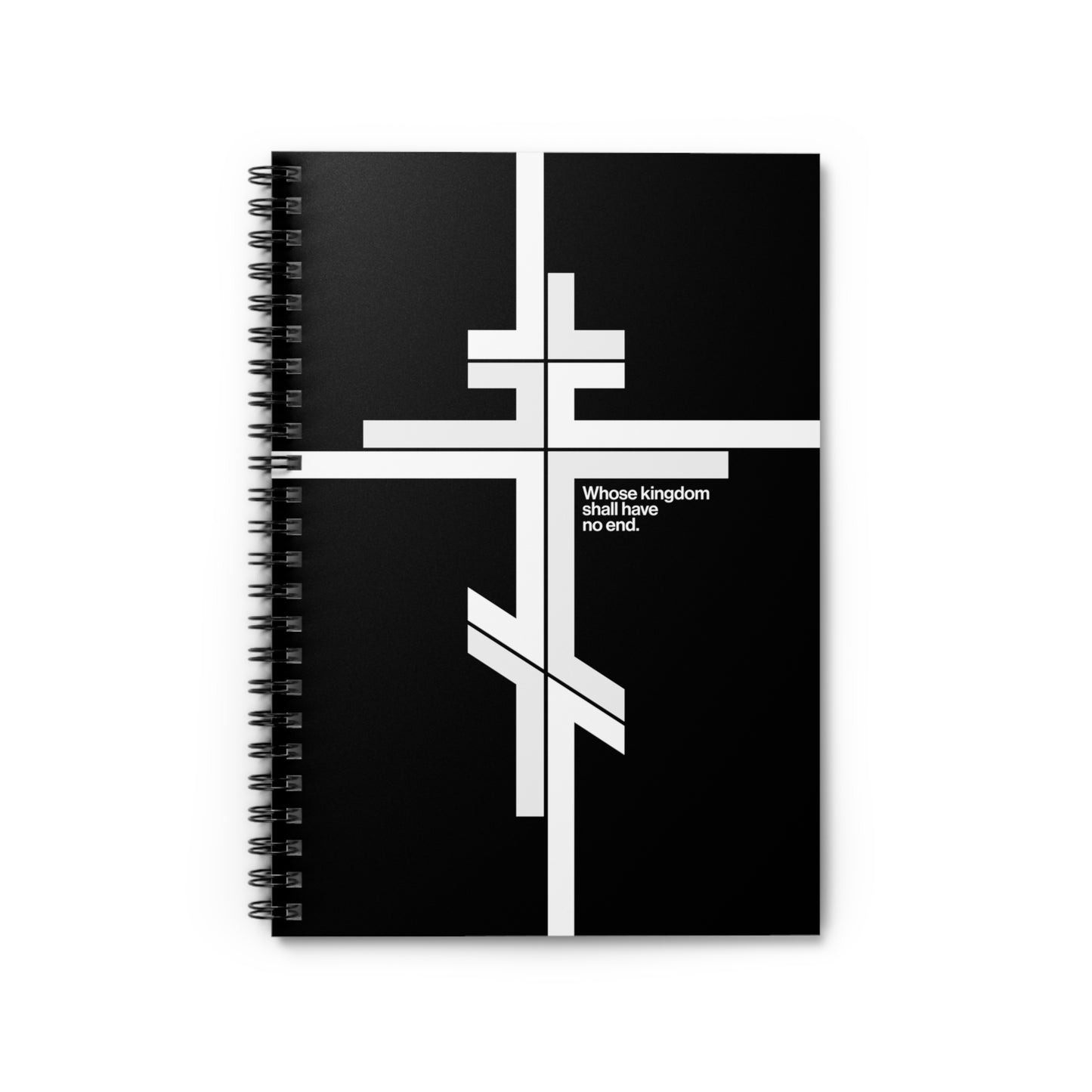 Modernist minimalist spiral notebook featuring an Orthodox Cross and "Whose Kingdom Shall Have No End" (Luke 1:32-33) in a stylish design, inspired by Orthodox Christian doctrine.