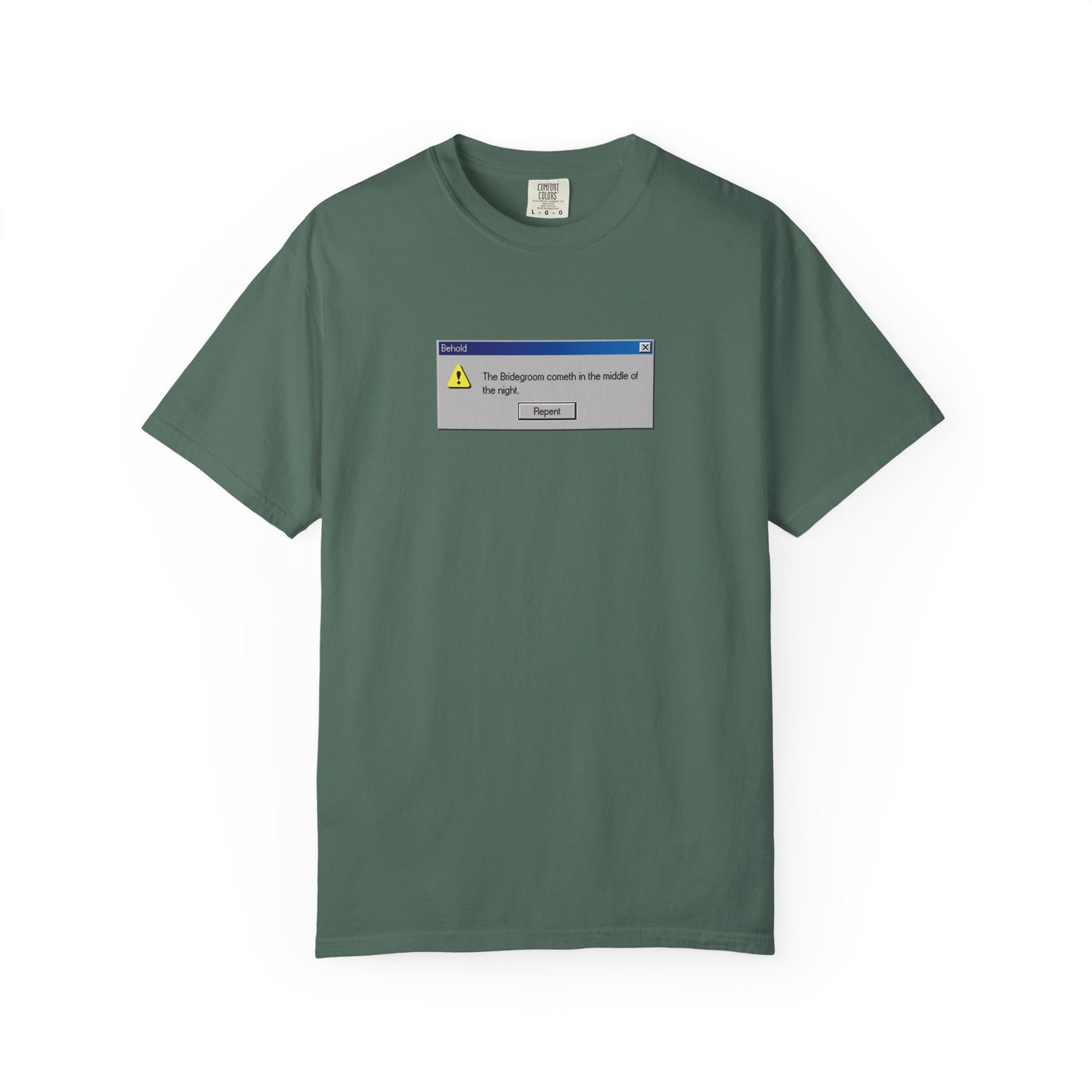 Blue spruce t-shirt featuring a central retro Windows error message box graphic that reads “Behold the Bridegroom”—an artful blend of vintage tech nostalgia and Orthodox Christian inspiration, crafted in heavyweight cotton for unisex wear.