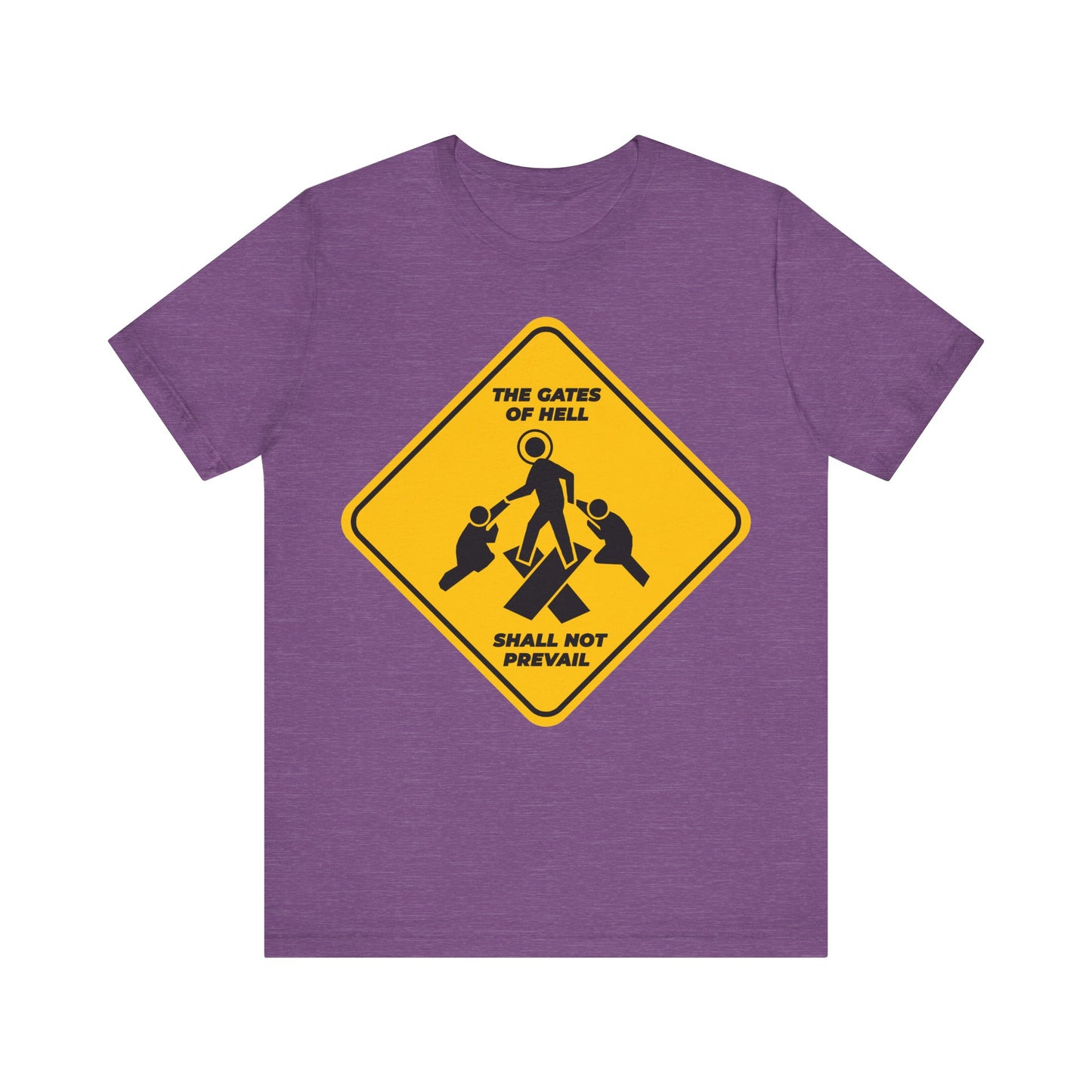 Gates of Hell Shall Not Prevail | Yellow Street Sign Minimalist Pascha Icon | Trampling Down Death By Death | Lightweight Cotton Unisex Tee