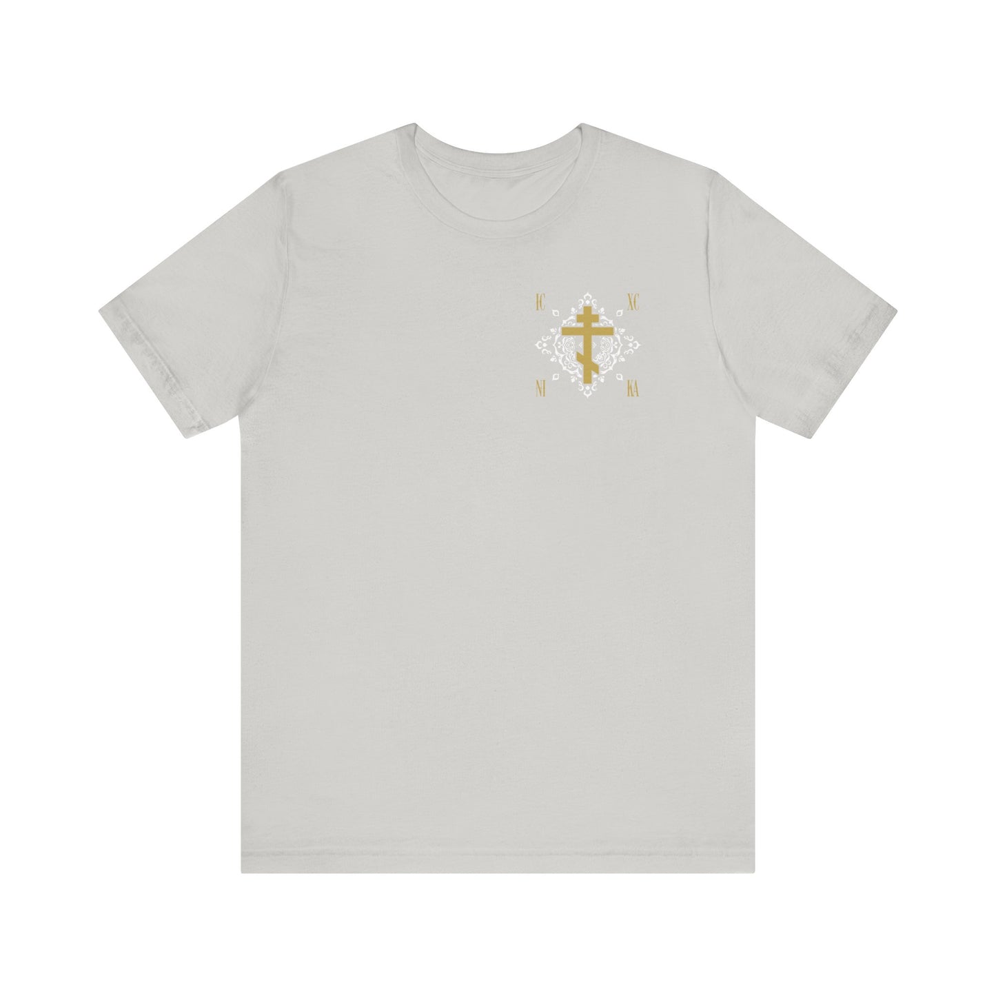 Gold Orthodox Cross ICXC NIKA  (Small Design) | White Medieval Ornate Floral Pattern | Jesus Christ Conquers | Christian Unisex Cotton Tee