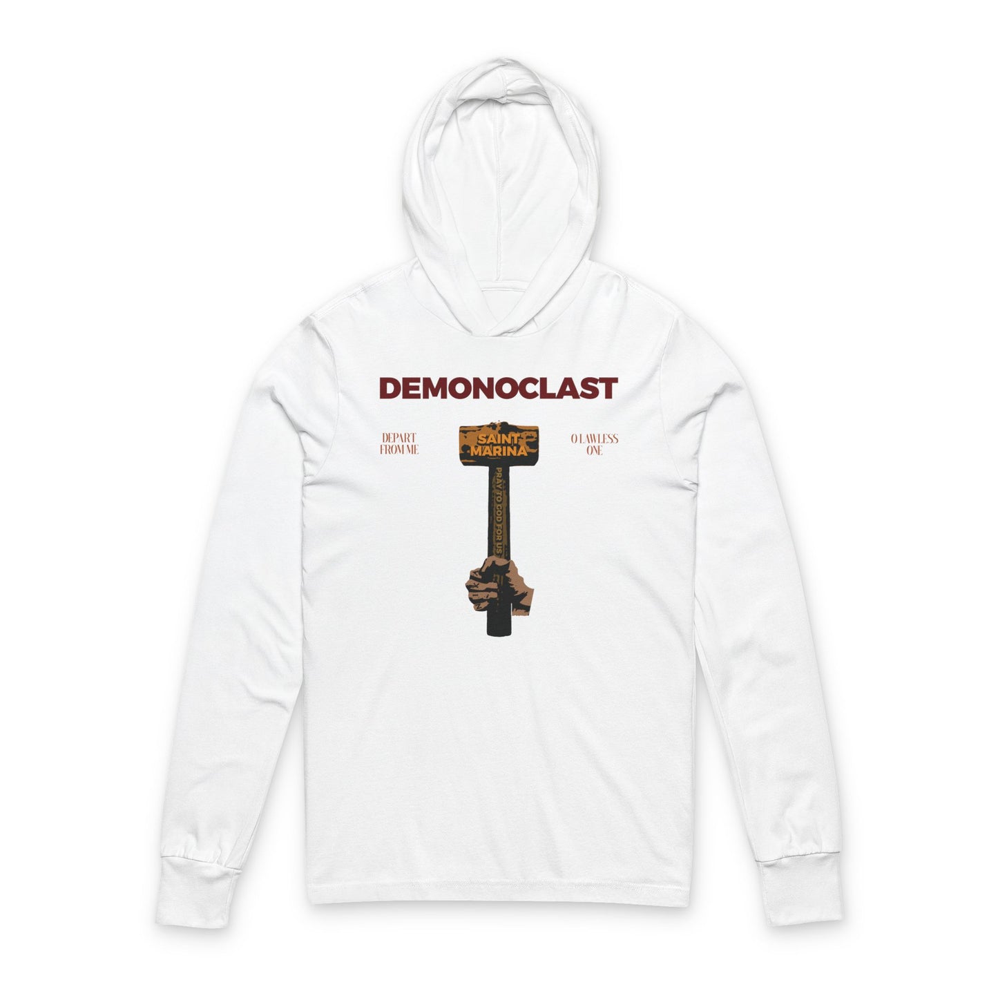 White Demonoclast hoodie with "St. Marina's Hammer" design—NIKA fist crushing evil—inspired by Orthodox Christian martyrdom and Unseen Warfare.