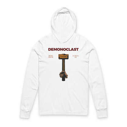 White Demonoclast hoodie with "St. Marina's Hammer" design—NIKA fist crushing evil—inspired by Orthodox Christian martyrdom and Unseen Warfare.