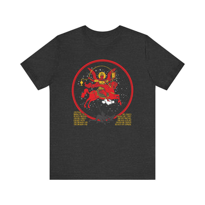 Dark Grey Heather t-shirt featuring a red illustration of Archangel Michael of the Apocalypse (inspired by Revelation 12:7-9) on horseback, haloed with a spear in a red circle. DOUBLE-SIDED design; lightweight cotton unisex tee.