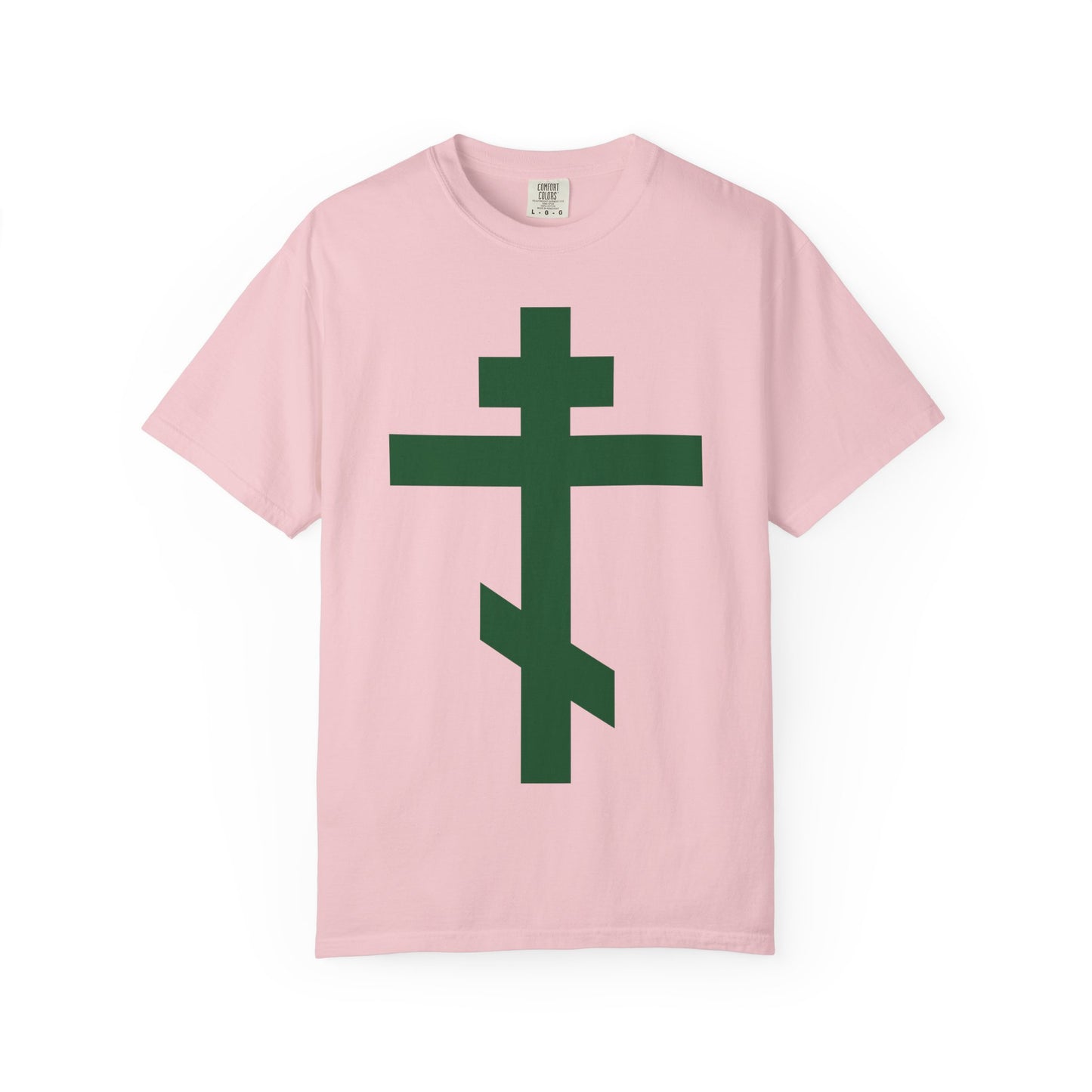 Blossom-colored heavyweight cotton unisex tee, displayed flat, featuring a large forest green Orthodox tribar cross on the front with the inscription “Preserve Thy People By Thy Cross, O Lord | Christ is King.”.