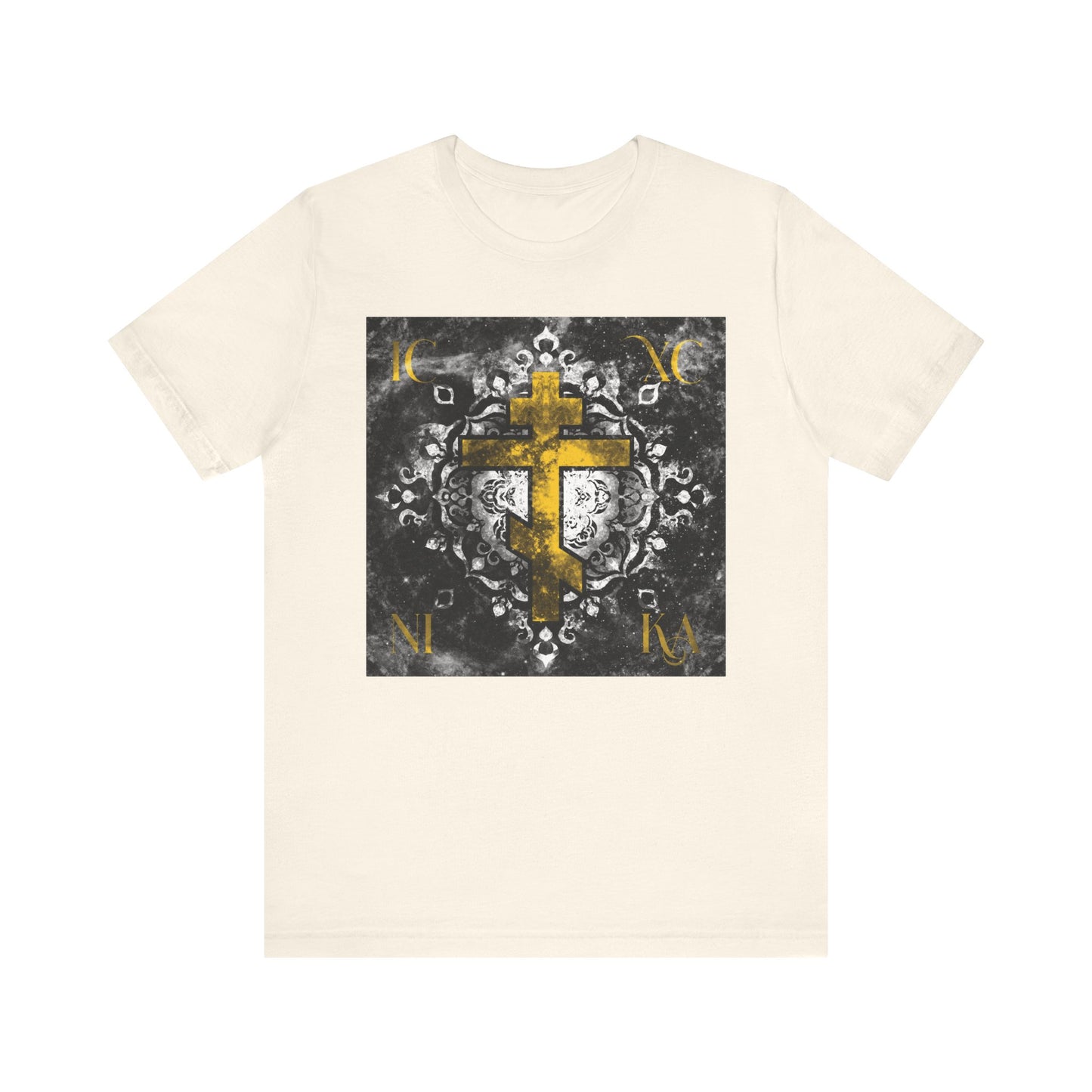 Gold ICXC NIKA Orthodox Cross on a grayscale ornate floral texture background, featuring gold lettering in the corners and embodying the spirit of Christ’s passion—Orthodox Christian lightweight cotton unisex tee.