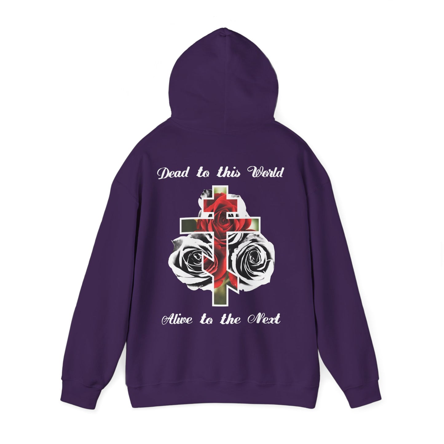 Dead to This World Alive to the Next Orthodox Cross & Gothic Rose BACK PRINT w/ Embroidered White Cross on Front Left Breast | Christian Hoodie