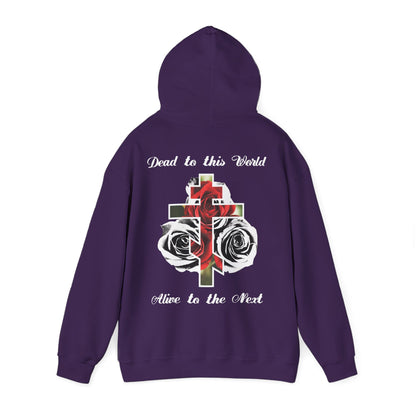 Dead to This World Alive to the Next Orthodox Cross & Gothic Rose BACK PRINT w/ Embroidered White Cross on Front Left Breast | Christian Hoodie