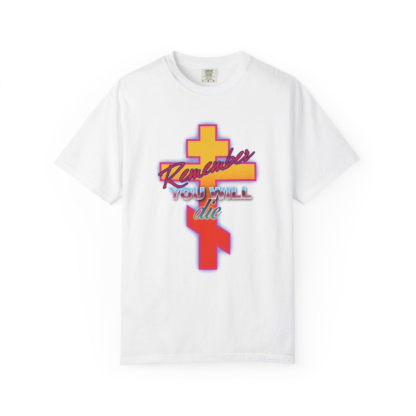 Remember You Will Die 80s Design | Glowing Synthwave Retro Orthodox Cross | Precious Life-Giving Cross | Heavyweight Cotton Unisex T-Shirt