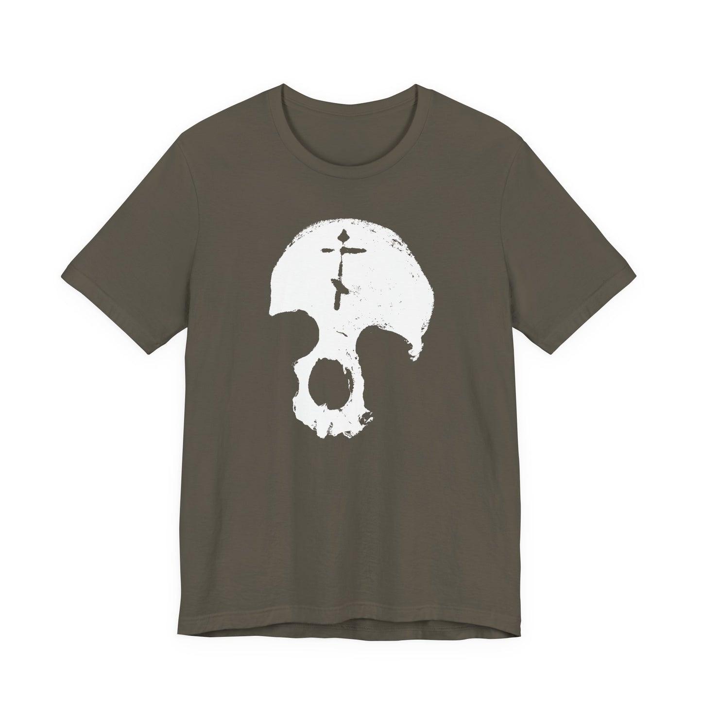 An army-colored unisex cotton tee featuring a minimalist white skull with Orthodox cross—an All is Vanity, Memento Mori piece echoing St. Ignatius Brianchaninov’s cautions on vainglory and the fleeting nature of human glory.