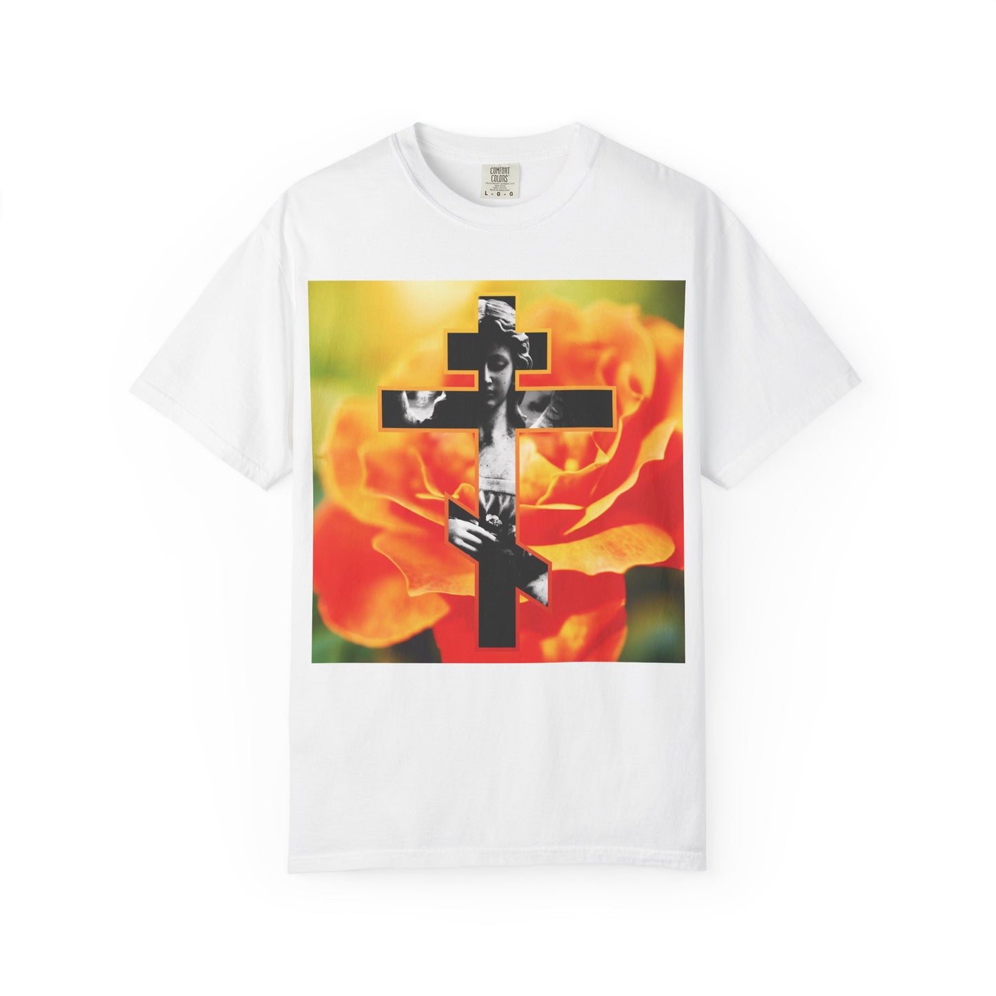 White heavyweight cotton unisex tee featuring a cemetery statue angel cross on an orange rose, inspired by the Orthodox Christian memento mori tradition and the teachings of St. Paul, with a design that reflects Galatians 6:14. Product: “Cemetery Statue Angel Cross on Orange Rose | Remember You Will Die | Memento Mori” (Color: White).