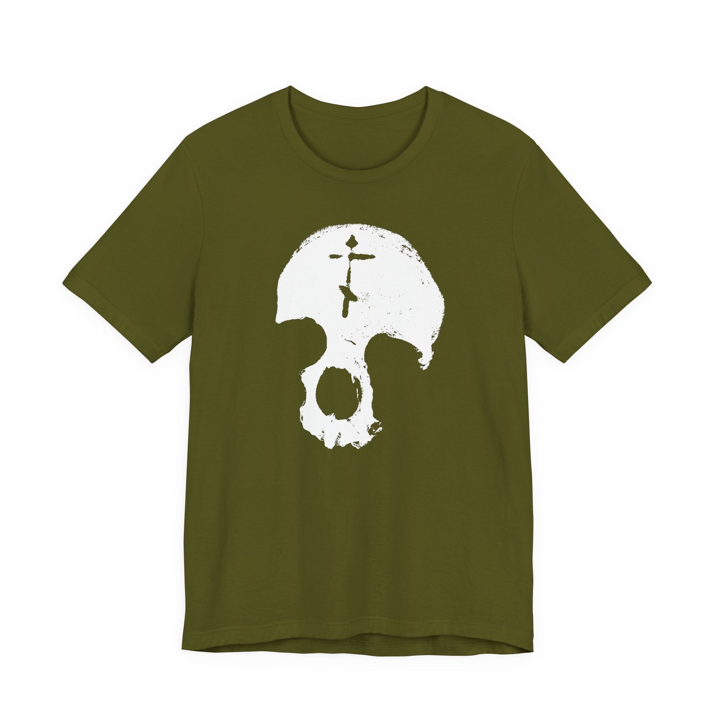 Olive unisex cotton tee with a large white distressed skull and Orthodox cross graphic—minimalist gothic Christian design inspired by "All is Vanity" and Memento Mori.