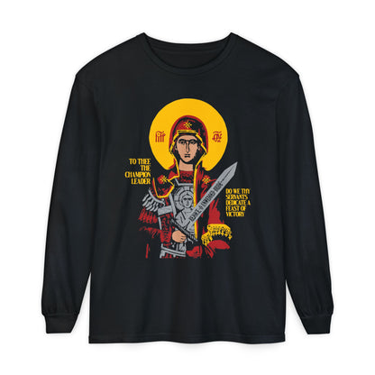 To Thee the Champion Leader | Mother of God | Theotokos with Sword IconoGraphic | Orthodox Christian Long Sleeve Shirt
