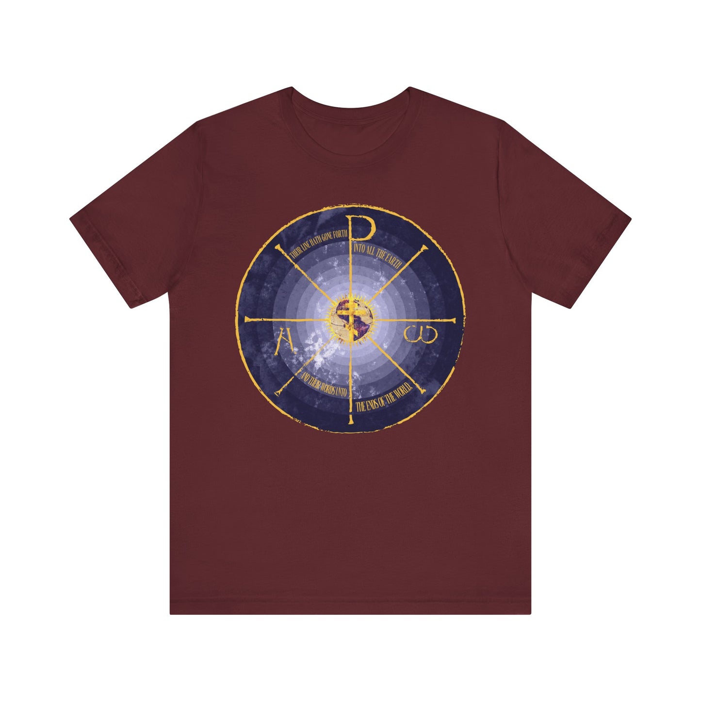 Maroon "Geocentric Cross & Chi Rho | Alpha & Omega" tee featuring a blue and yellow medieval-style Orthodox Christian graphic with Greek letters and Christogram, in lightweight cotton unisex fit.