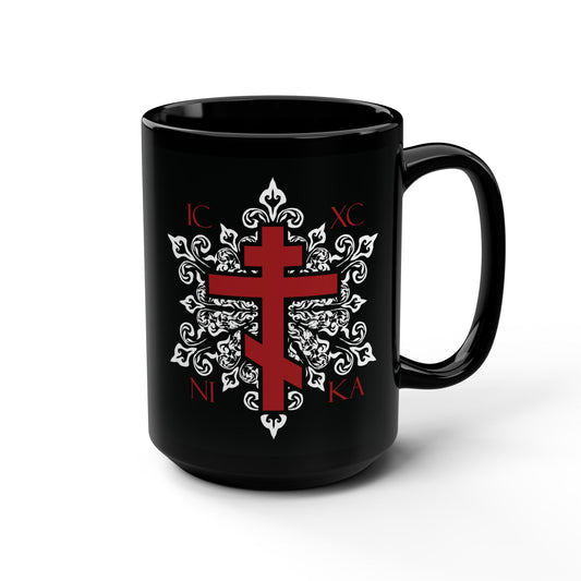 ICXC / NIKA Red Orthodox Cross on Ornate White Medieval Floral Design | Exclusive Best-Selling | Orthodox Christian Black Mug