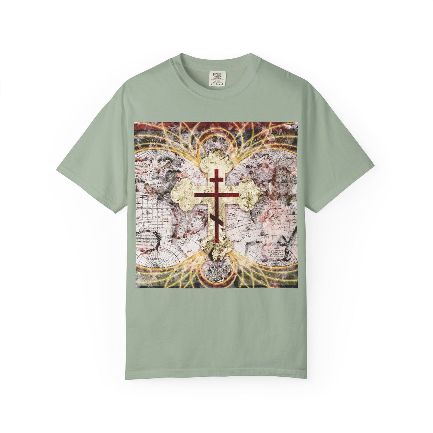 Bay-colored heavyweight cotton unisex tee featuring a red Orthodox cross on an antique map with glowing magnetic lines, inspired by the verse “Conqueror of Death” from Revelation 1:18.