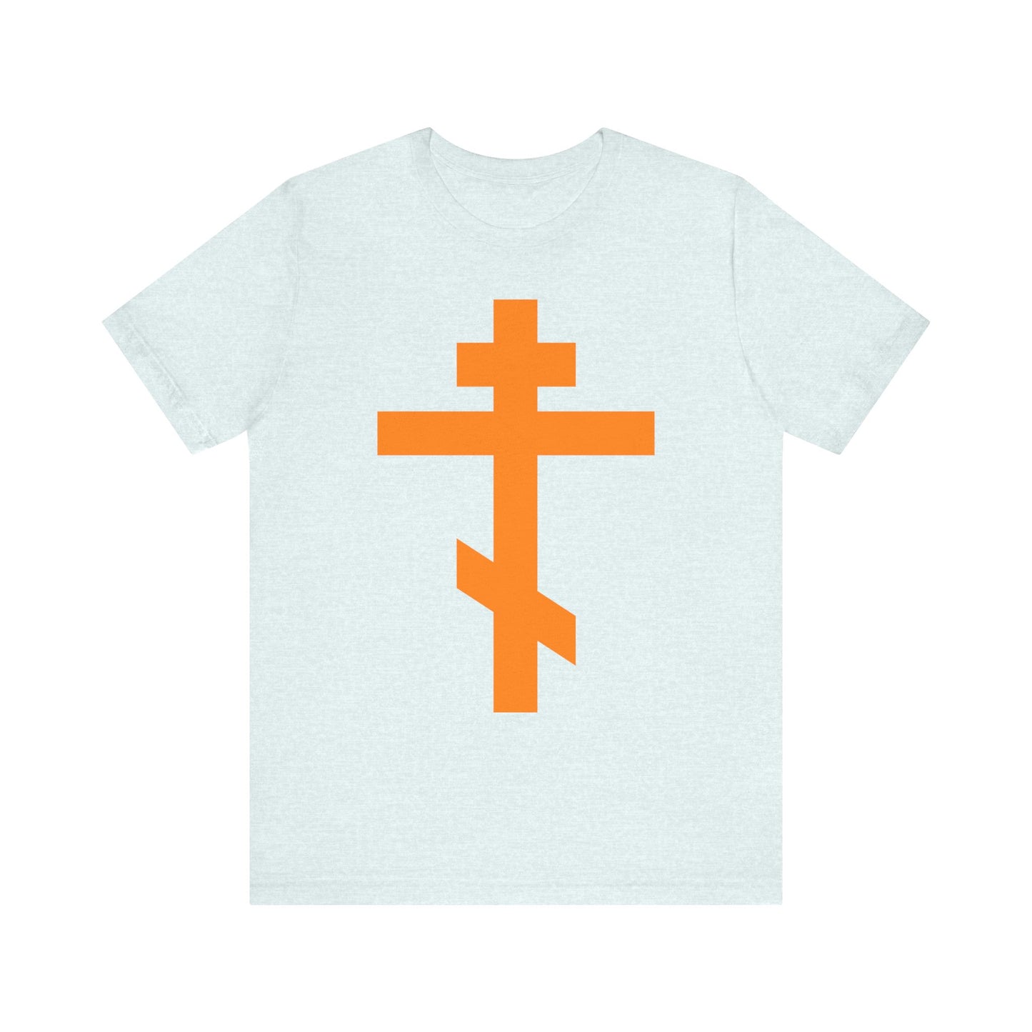 Heather ice blue t-shirt featuring a large orange Orthodox tribar cross at the center, inspired by the Troparion "Preserve Thy People By Thy Cross, O Lord" and honoring the spiritual legacy of St. John of Kronstadt; made from lightweight cotton and designed as a unisex Christian tee.
