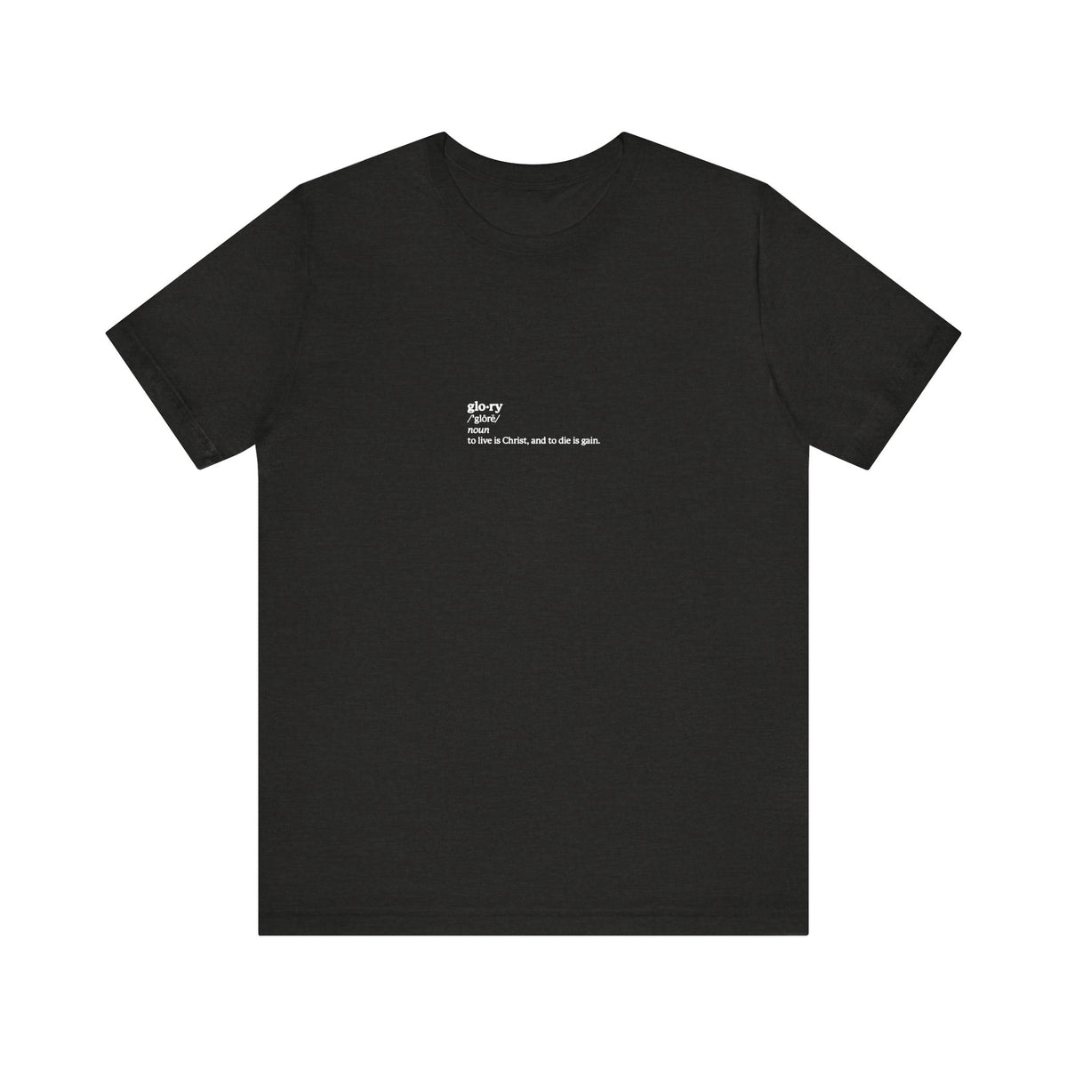 Black Heather tee featuring “To Live is Christ, to Die is Gain” (Phil 1:21). Lightweight cotton, unisex fit—perfect for expressing your ascetic Christian faith with a subtle, modern style.