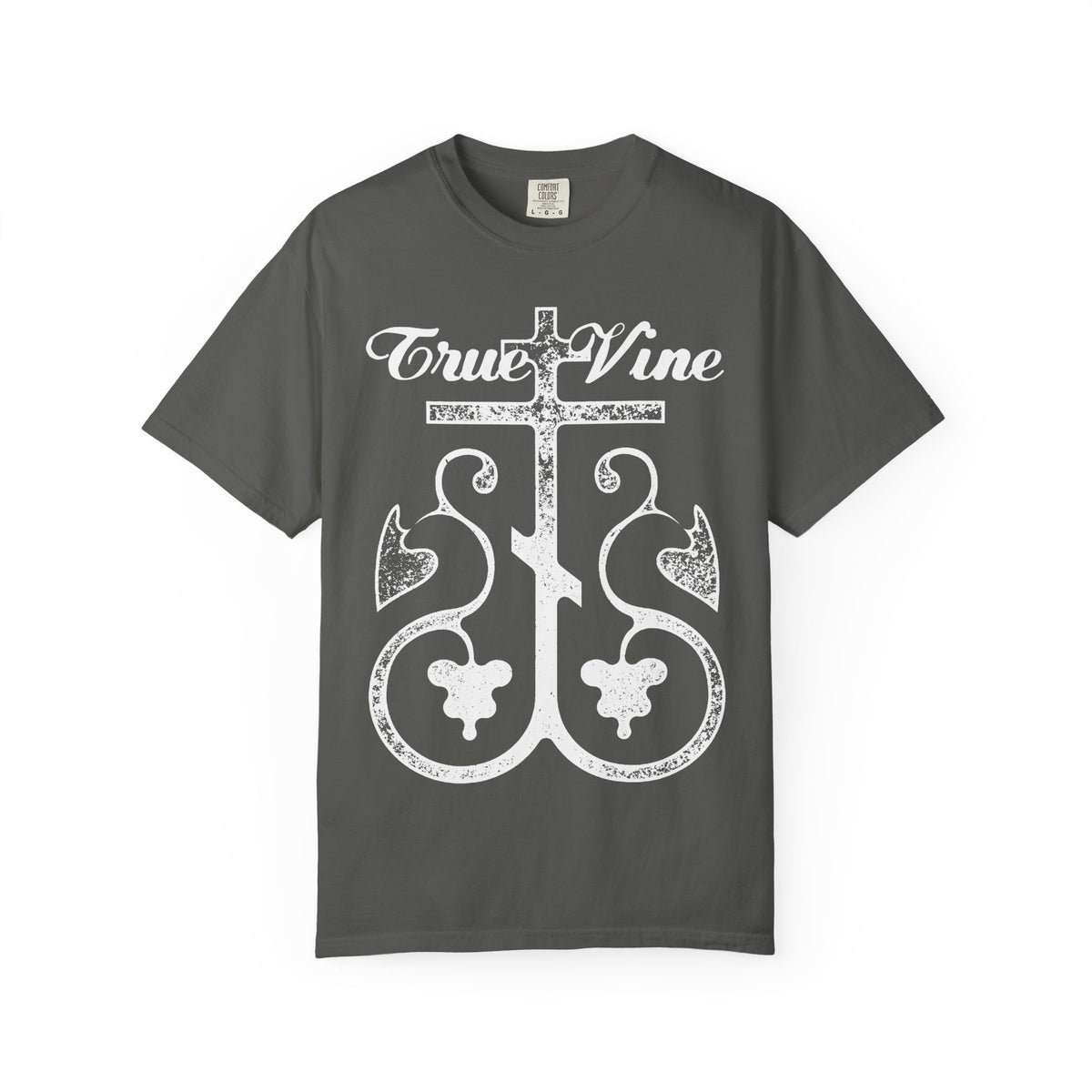 Pepper-colored heavyweight cotton unisex T-shirt featuring “I Am the True Vine” text with an ornate Orthodox cross and grape vine design in a photocopy effect on the front, inspired by John 15 and Ezekiel 15.