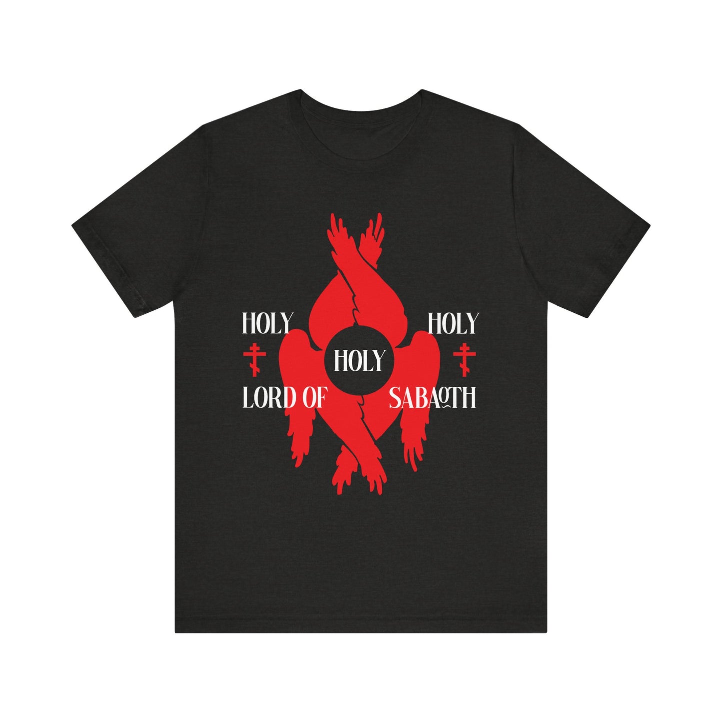 Black Heather unisex tee featuring red seraphim wings, Orthodox crosses, and white text: "HOLY HOLY HOLY LORD OF SABAOTH," inspired by Isaiah 6:3 and the divine council. Lightweight cotton.