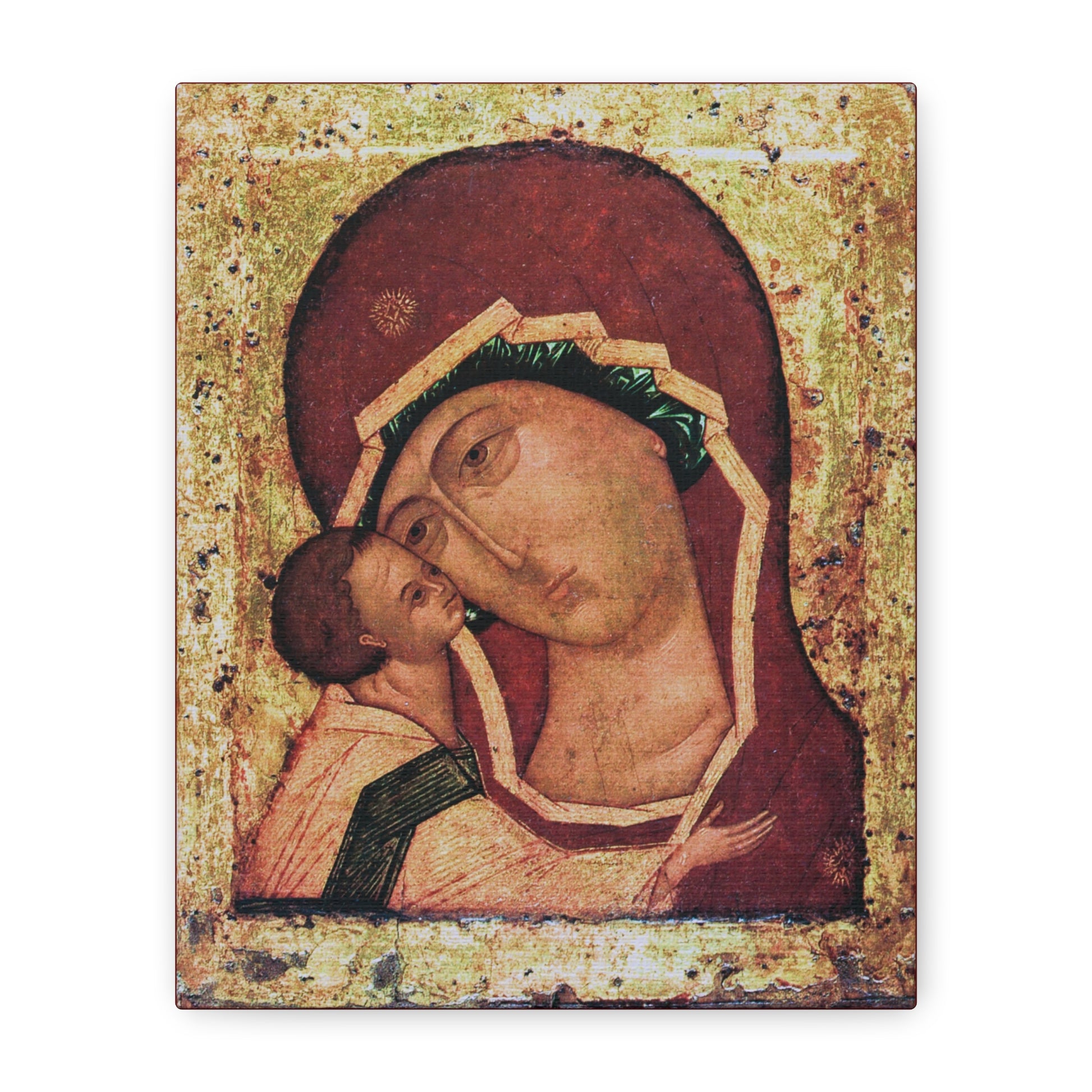 Igorevskaya Russian Icon of the Mother of God | Theotokos Tenderness (Eleusa) Orthodox Christian Icon depicts the Virgin Mary gently touching faces with the infant Jesus on a gold background, inspired by the venerated icon in Kiev-Pechersk Lavra associated with Saint Igor Olgovich, and is available as religious canvas wall art.