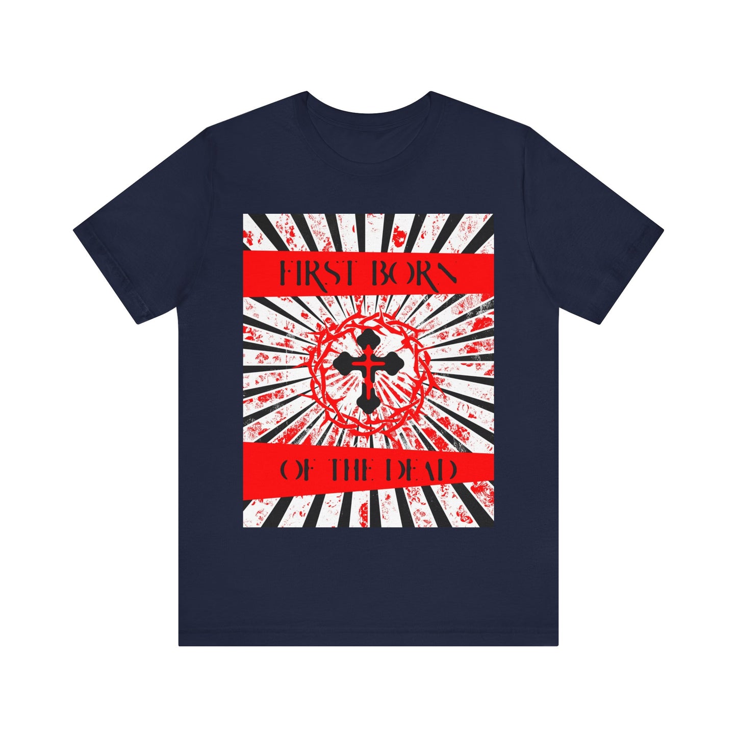 First Born of the Dead | Orthodox Cross and Crown of Thorns | Red White and Black Textured Design with Rays | Orthodox Christian Cotton T-Shirt