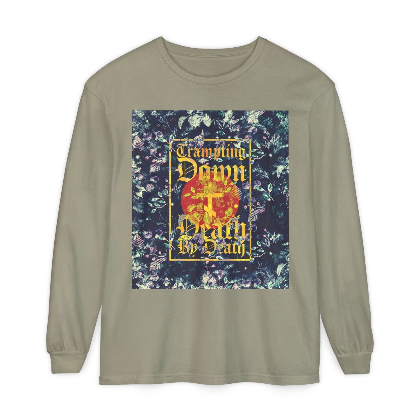 Trampling Down Death By Death | Paschal Floral Design with Gothic Script and Three-Bar Cross | Orthodox Christian Long Sleeve Shirt