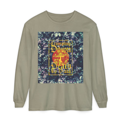 Trampling Down Death By Death | Paschal Floral Design with Gothic Script and Three-Bar Cross | Orthodox Christian Long Sleeve Shirt