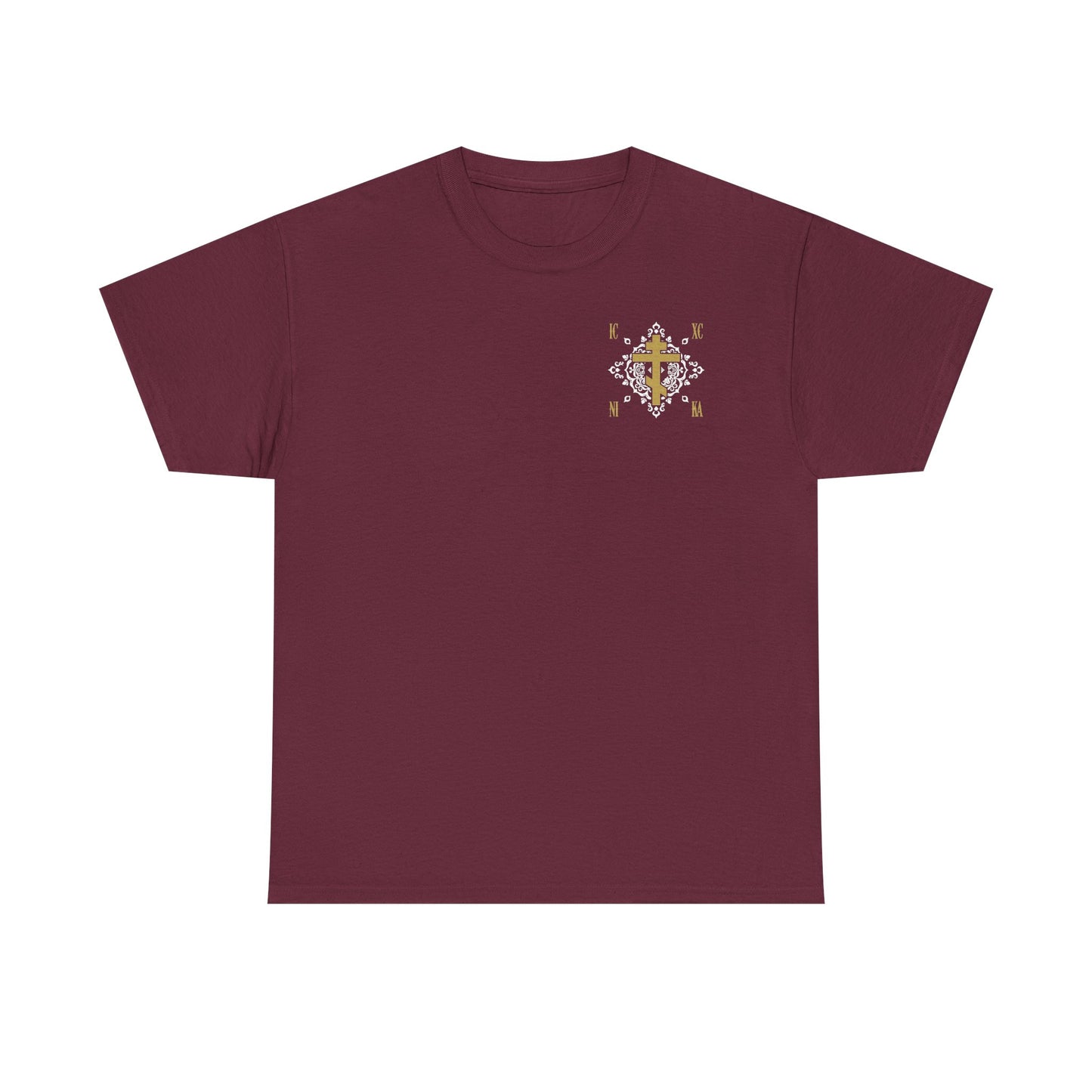 Gold Orthodox Cross ICXC NIKA  (Small Design) | White Medieval Ornate Floral Pattern | Jesus Christ Conquers | Midweight Cotton Unisex Tee