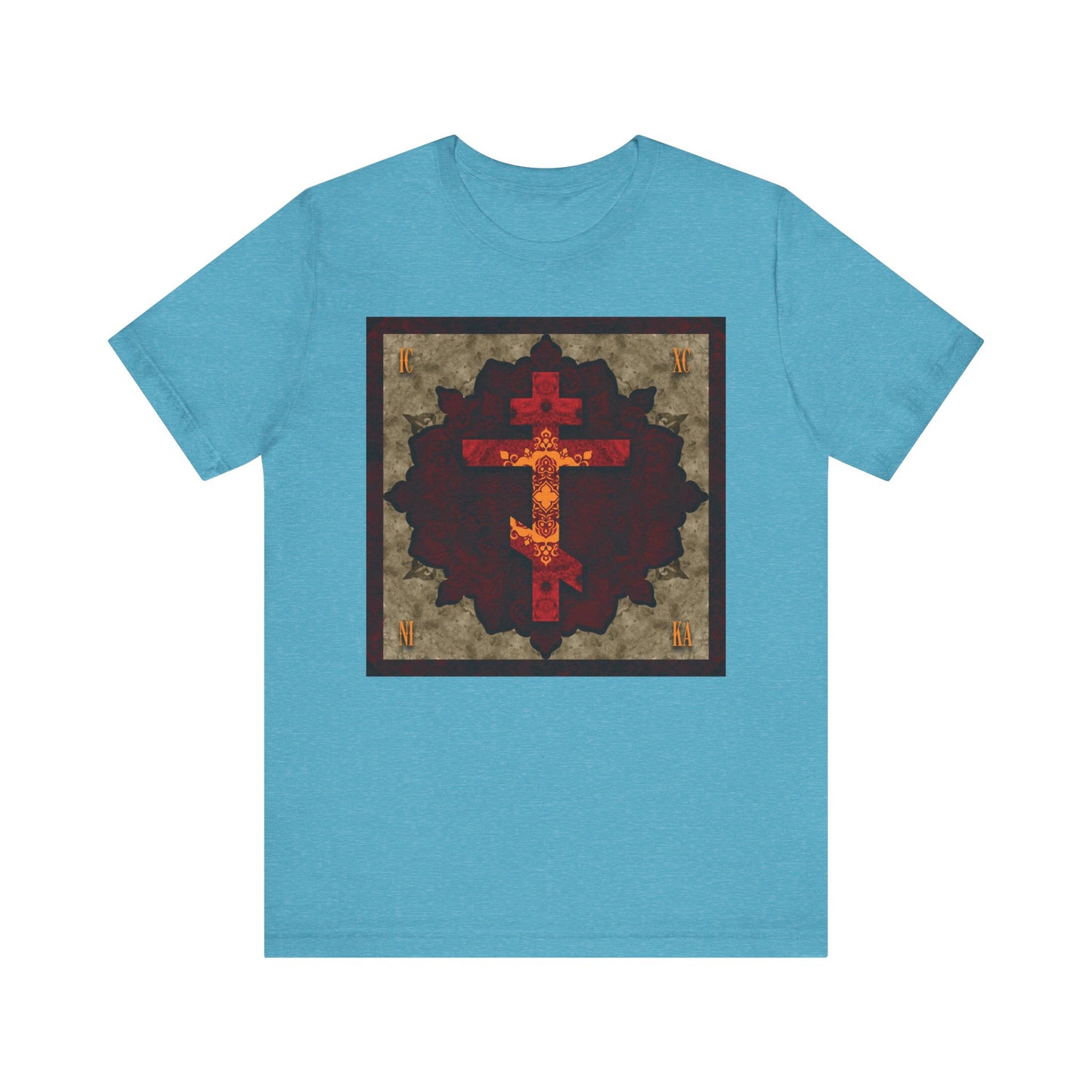 Heather Aqua "ICXC NIKA Artistic Textured Red & Gold Russian Cross" Orthodox Christian lightweight cotton unisex T-shirt, featuring a red and gold ornate cross design inside a dark square pattern on the chest—an artistic tribute to Christian virtues and the enduring humility of St. John of Shanghai and San Francisco.