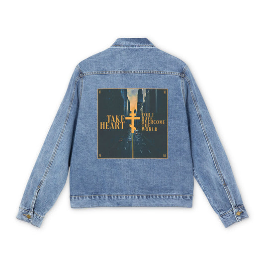 Medium denim wash jacket featuring a modern city street scene and the gold text “Take Heart, For I Have Overcome the World” (John 16:33), reminding you that joy can come from sorrow. Orthodox Christian inspired design.