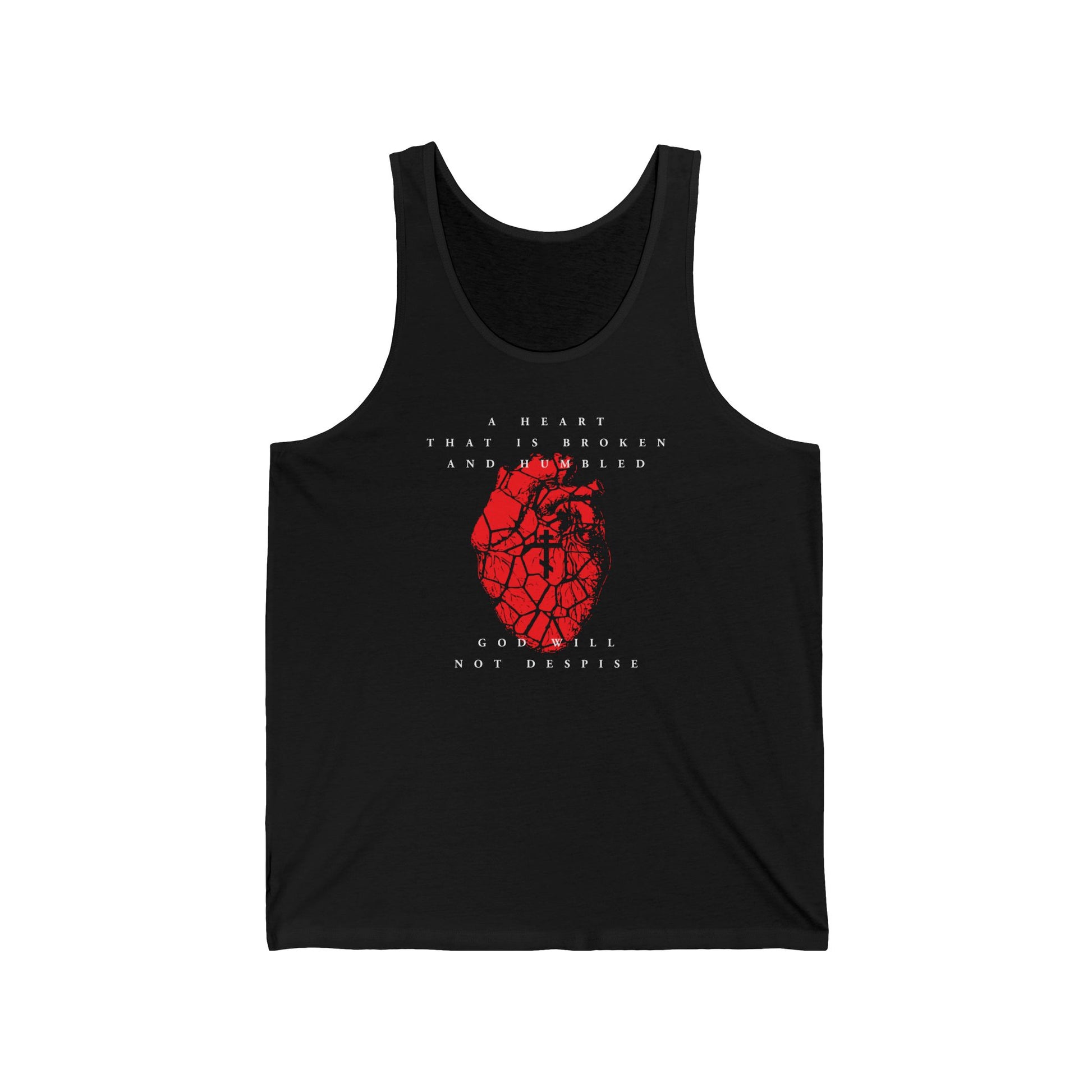 Black cotton tank top featuring a cracked heart with an Orthodox cross and the phrase "A heart that is broken and humbled God will not despise," inspired by Psalm 51 and King David’s prayer of repentance.