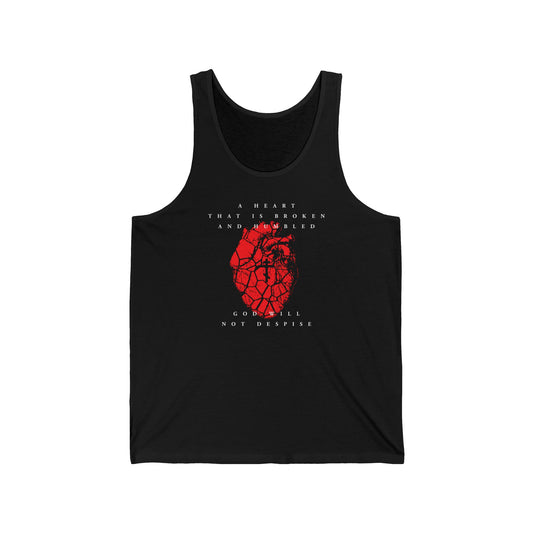 Black cotton tank top featuring a cracked heart with an Orthodox cross and the phrase "A heart that is broken and humbled God will not despise," inspired by Psalm 51 and King David’s prayer of repentance.