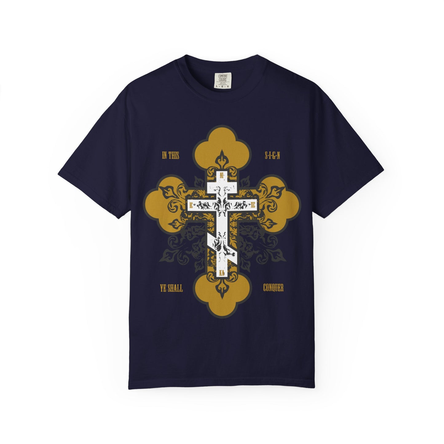 Introducing the "In This Sign Ye Shall Conquer" heavyweight cotton unisex tee in true navy. This inspirational shirt features a gold and white ornate Orthodox cross design with the phrase "In Hoc Signo Vinces" (In this sign, ye shall conquer), blending faith and strength into a meaningful addition for your wardrobe.