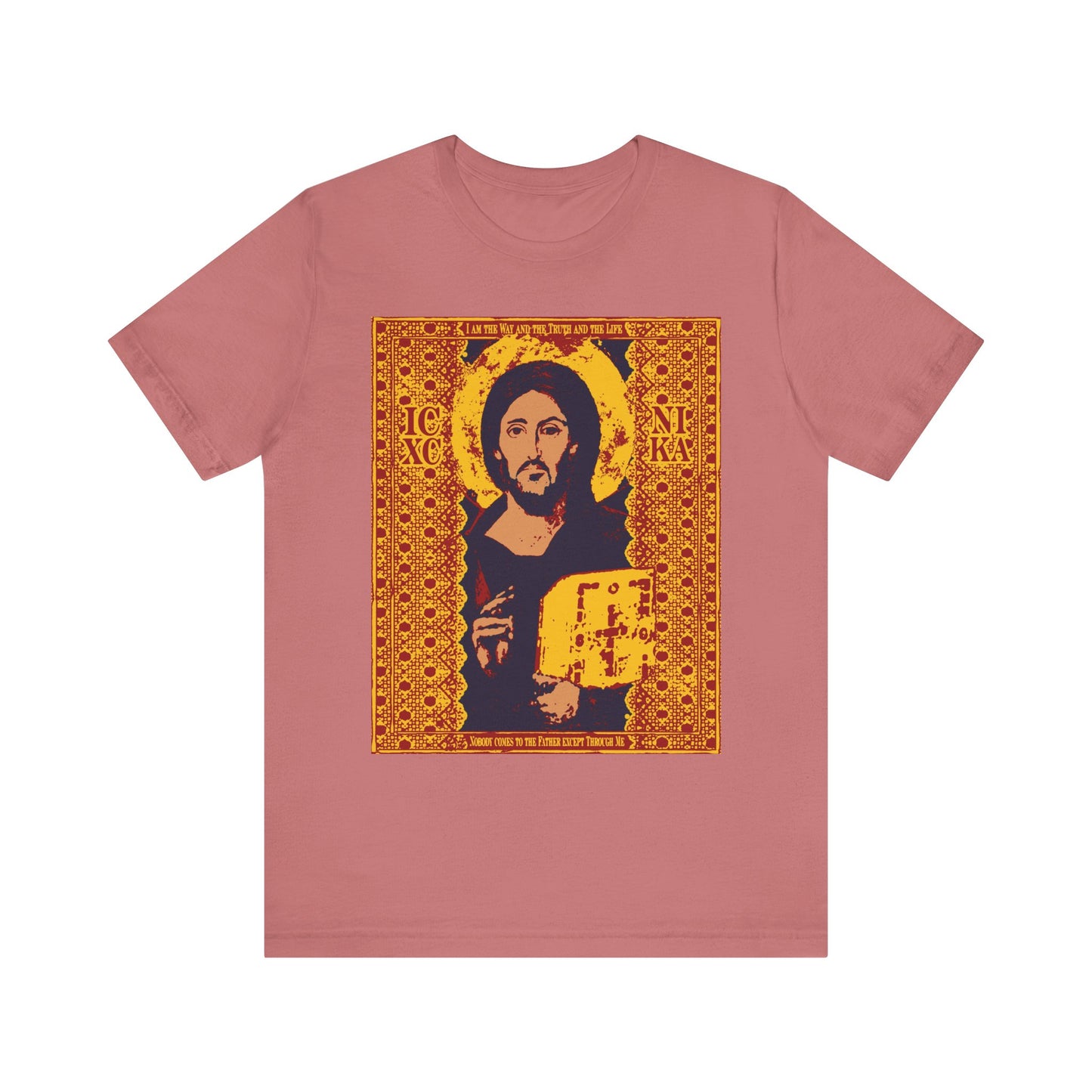 Mauve unisex lightweight cotton tee featuring the "Jesus Christ Sinai Pantocrator IconoGraphic" with Byzantine-style artwork of Christ holding a book inscribed with John 14:6, "I am the Way," surrounded by intricate gold ornate patterns; includes ICXC NIKA and Orthodox design details.