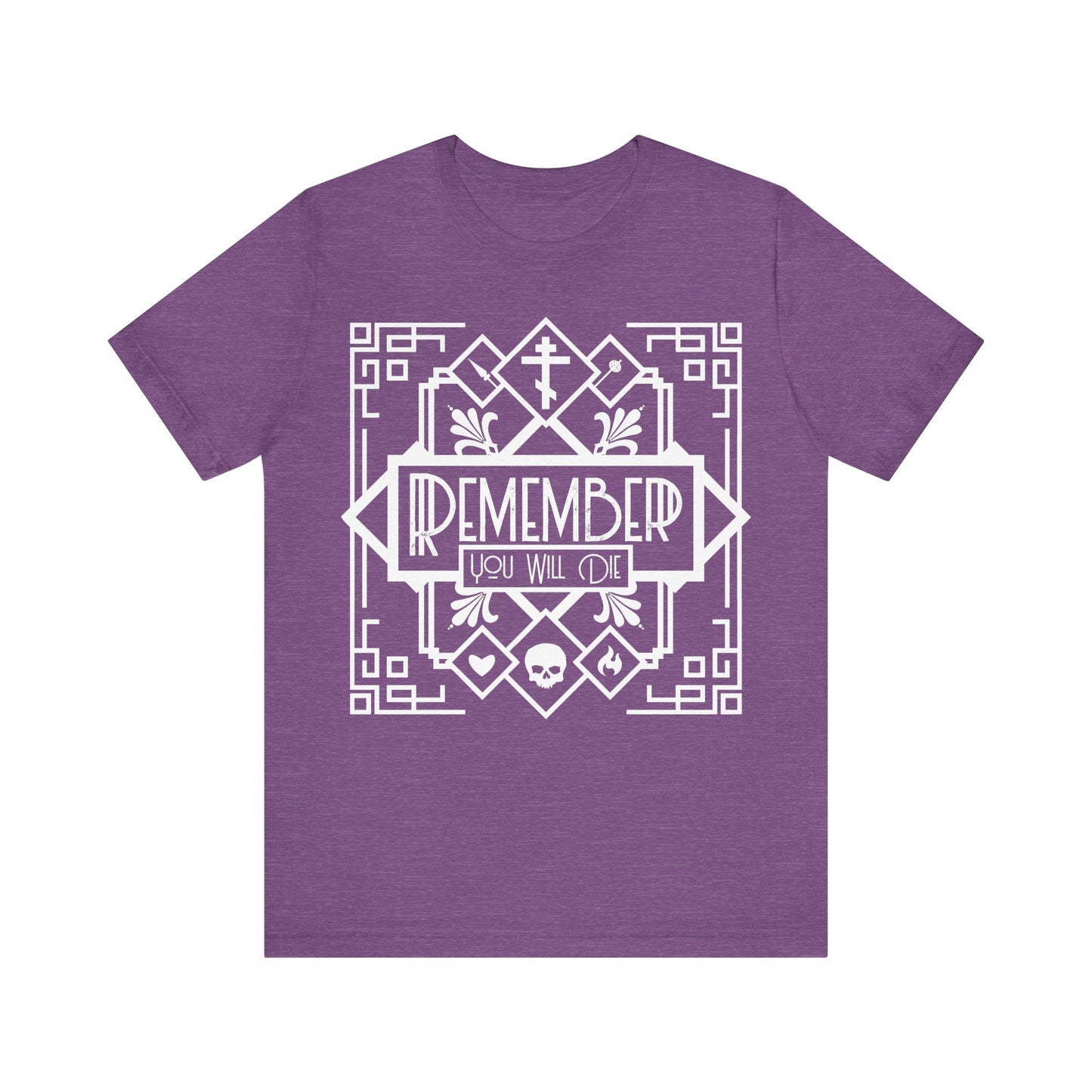 Heather Team Purple unisex cotton tee featuring black and white Art Deco line art with a skull, heart, and fire design reading "Remember You Will Die"—a memento mori inspired by Orthodox Christian themes.