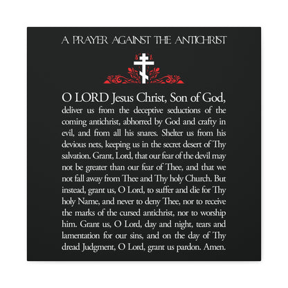 The "Prayer Against the Antichrist By Elder Anatoly the Younger of Optina" Orthodox Christian wall art features a bold red and white cross, white prayer text on black, and highlights "Christ is King" from the Book of Revelation.